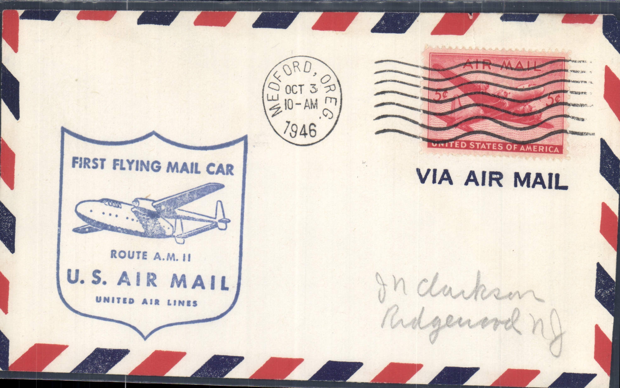 Lettre Etats Unis AM11 Medford to Ridgwood NJ 3 10 1946