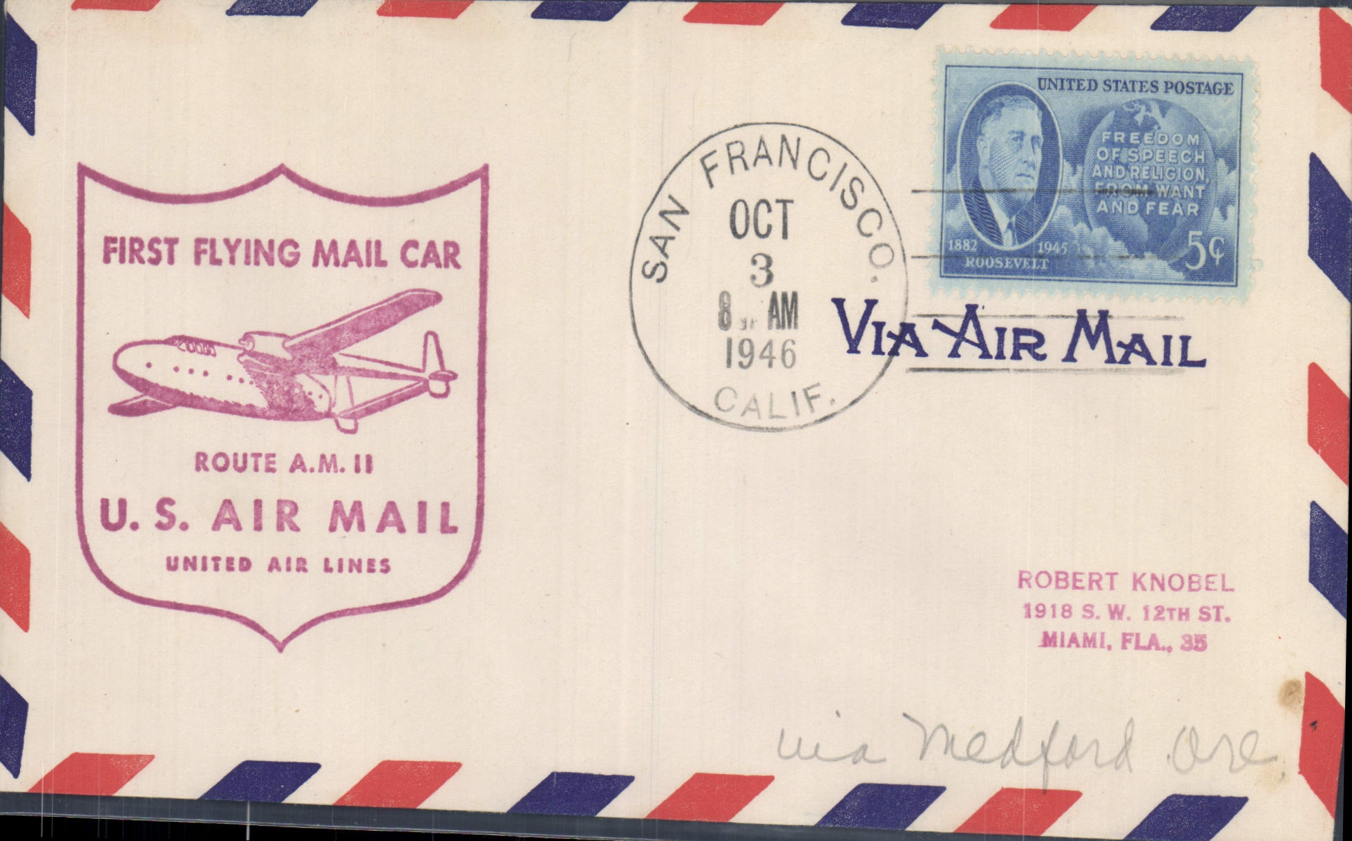 Lettre Etats Unis AM11 San Francisco to Miami FL 3 10 1946