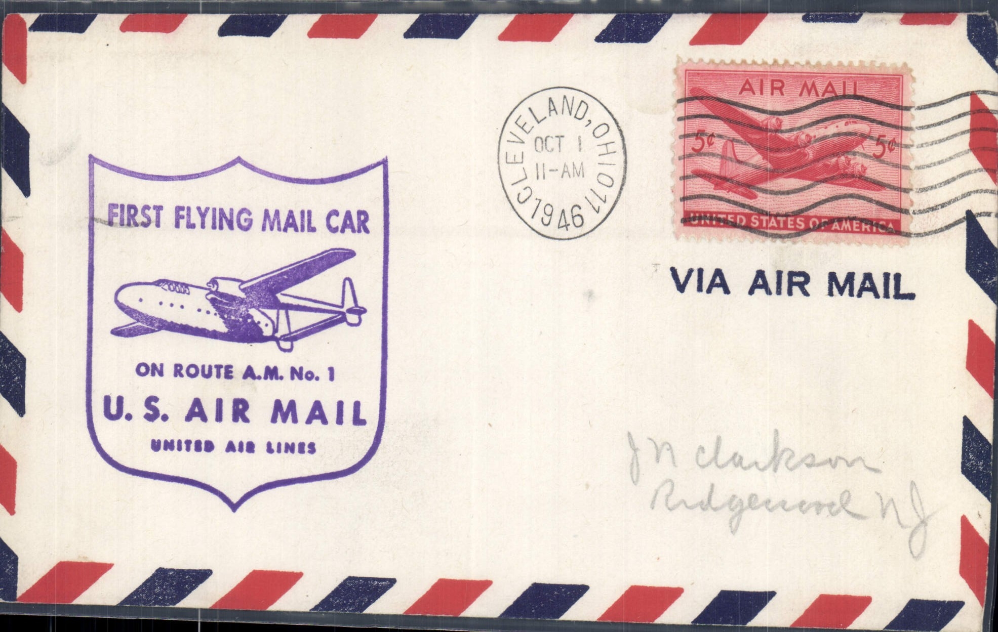Letter the United States AM11 Cleveland to Ridgwood NJ 1 10 1946