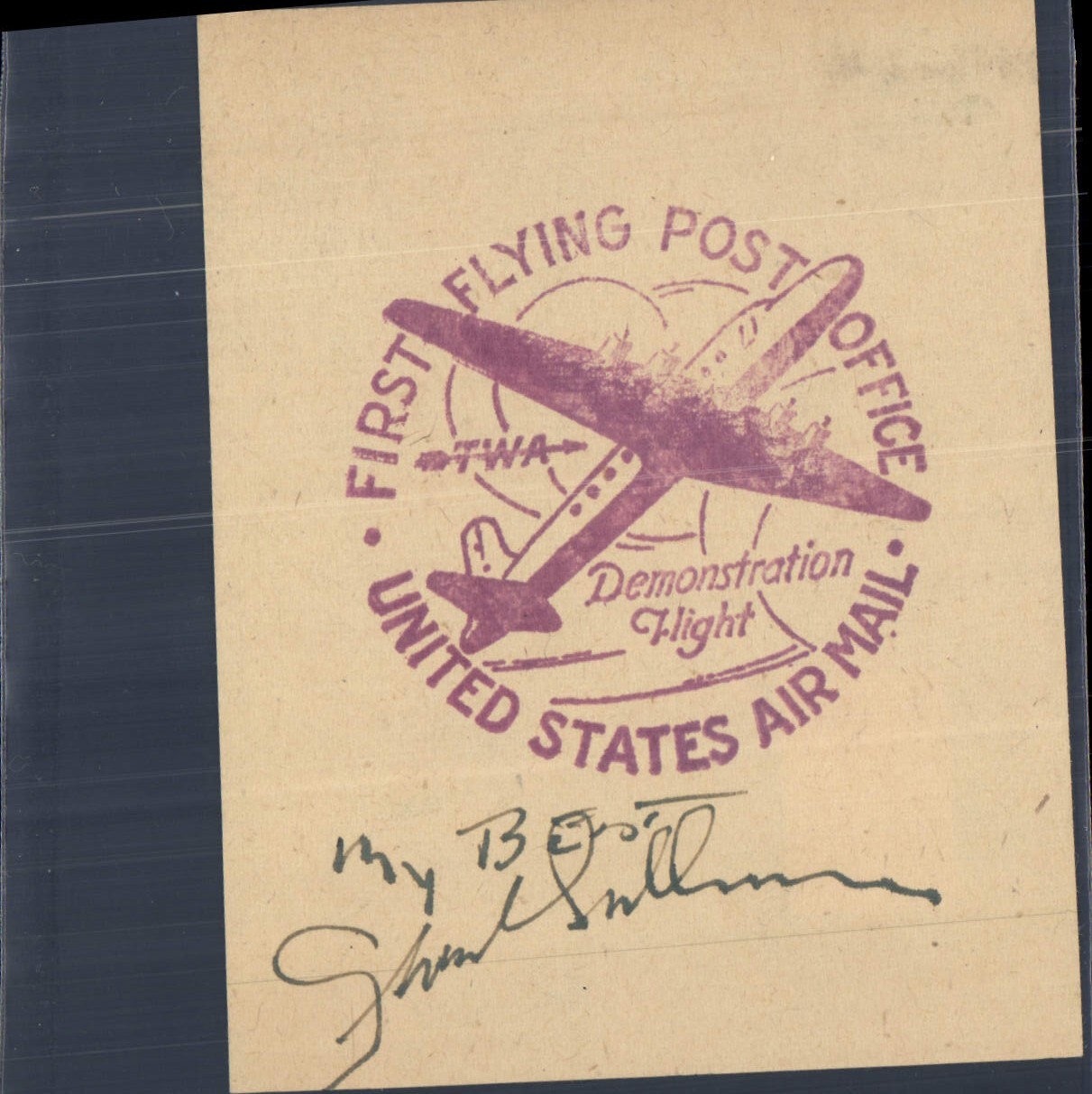 Layer First Flying Post Office TWA Demonstration Flight Signed of the pilot