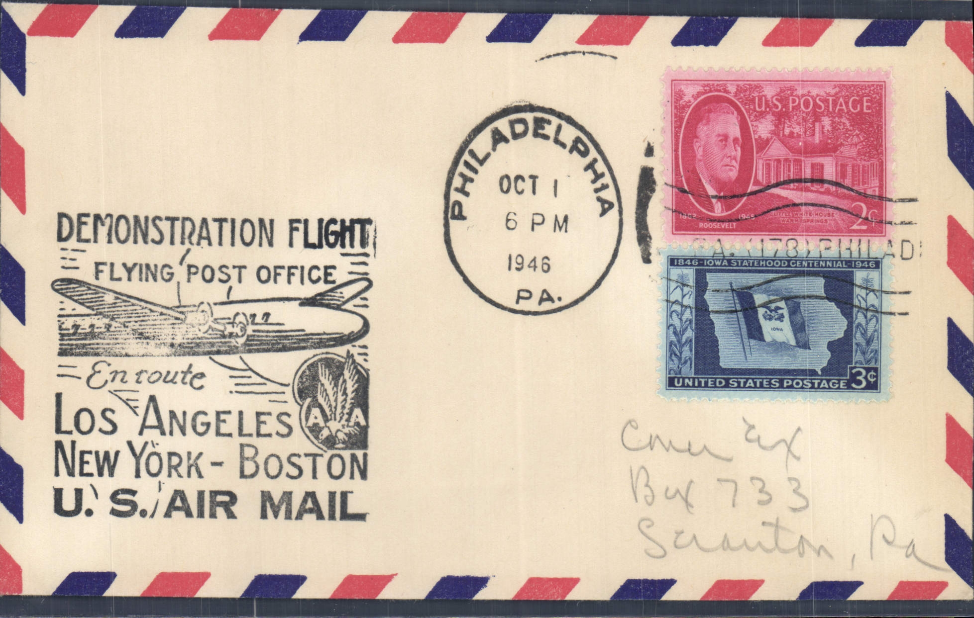 Lettre Etats Unis Los Angeles New York Boston 1 10 1946