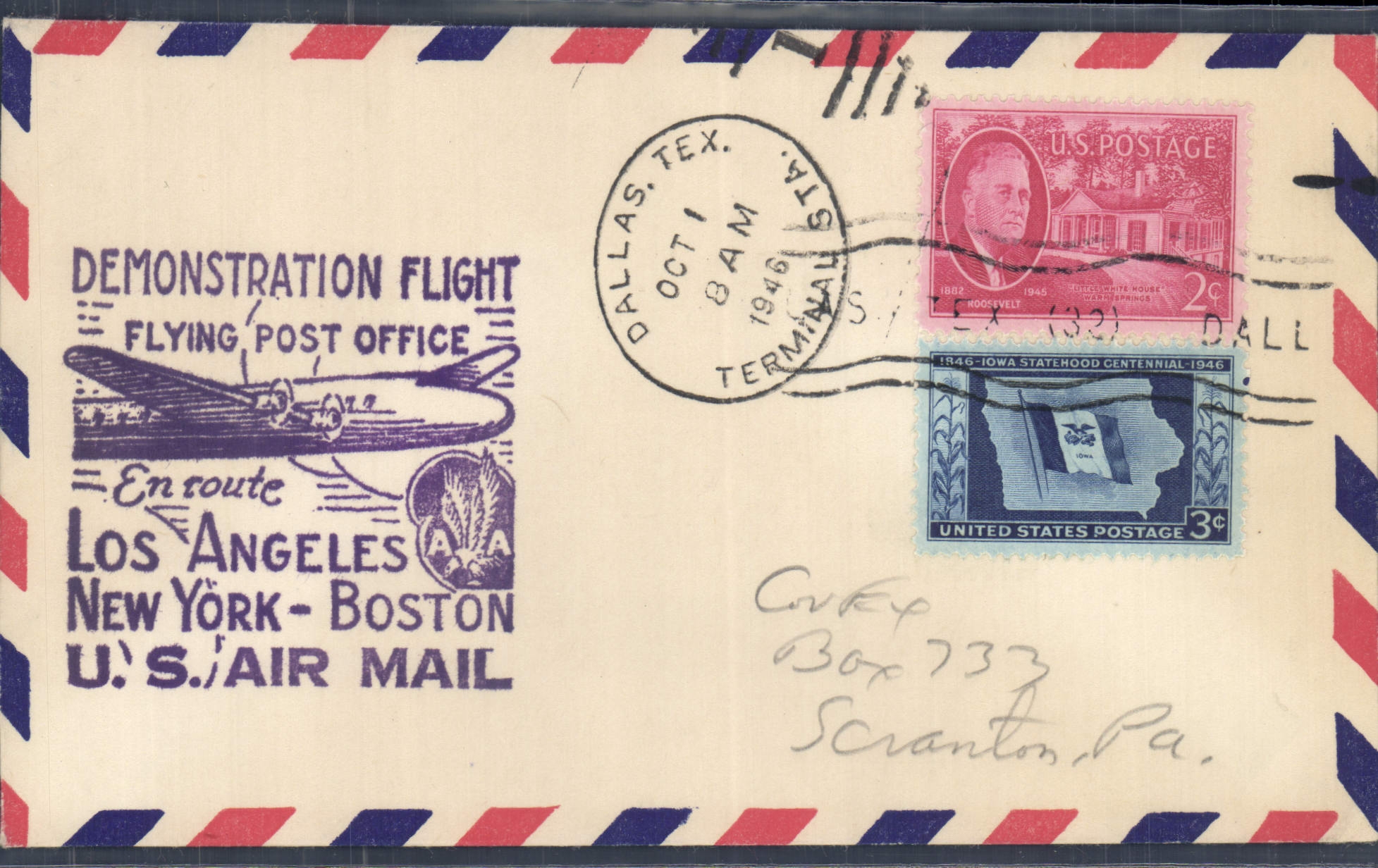 Lettre Etats Unis Los Angeles New York Boston 1 10 1946