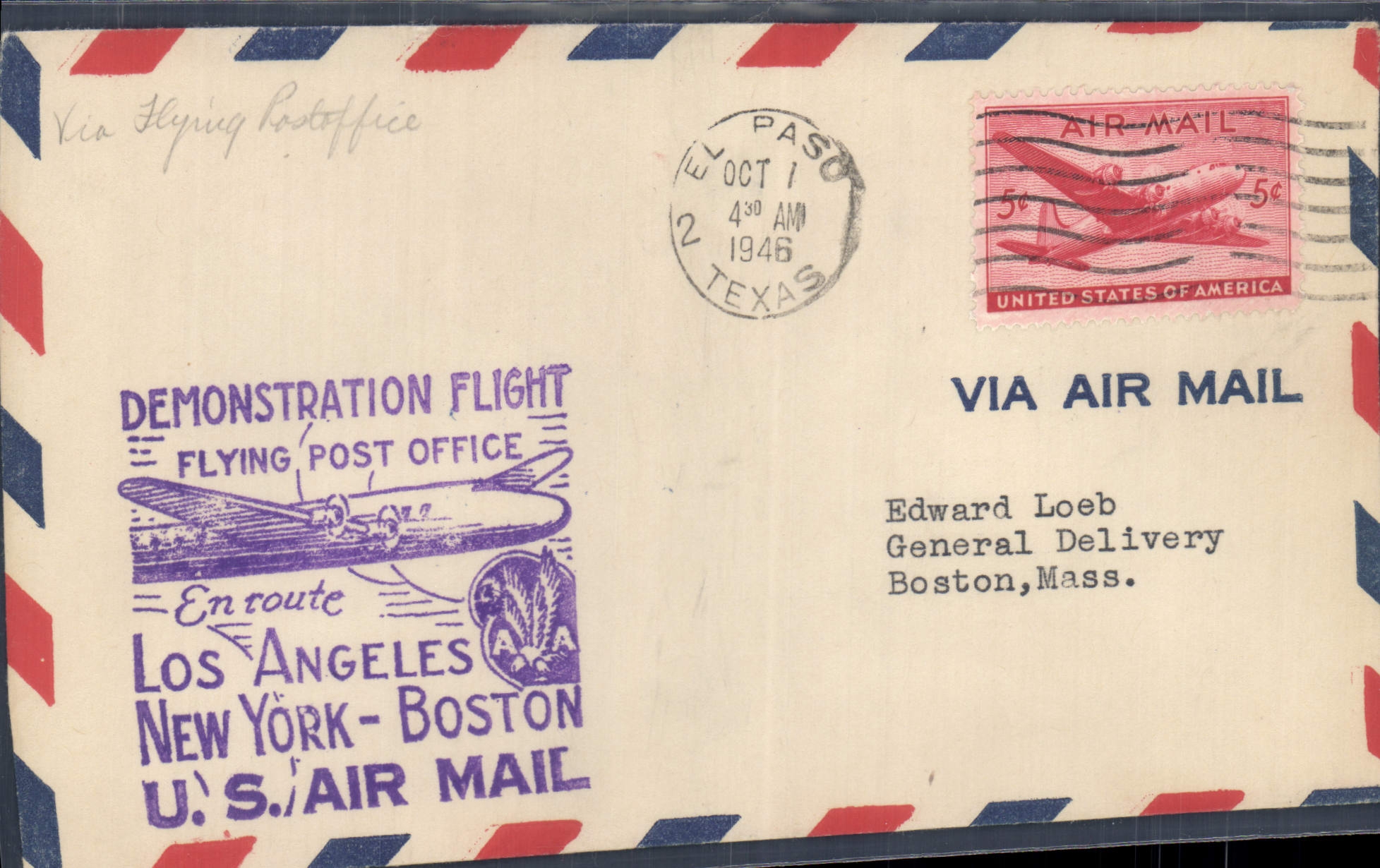 Lettre Etats Unis Los Angeles New York Boston 1 10 1946