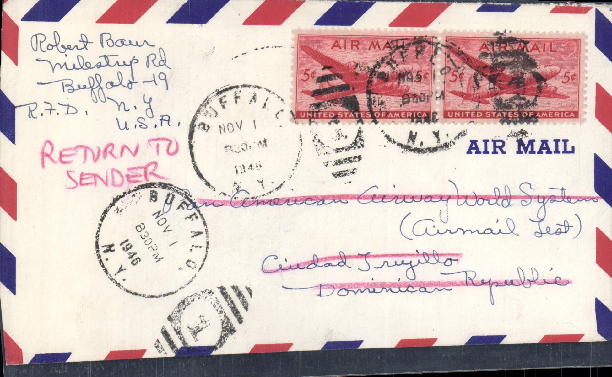 Letter the United States Buffalo to Dominican Republic 1 11 1946