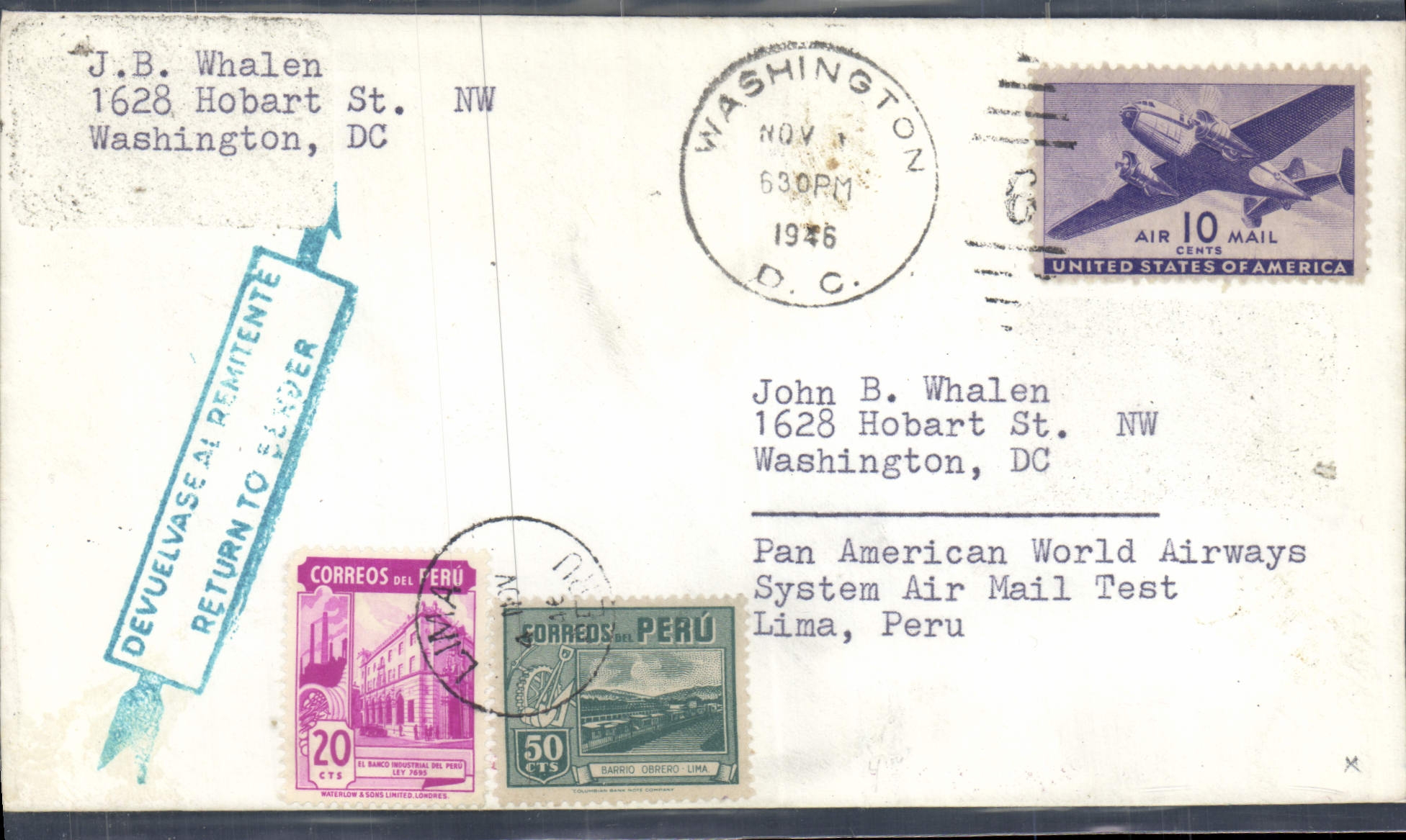 Lettre Etats Unis Washington to Lima Peru 1 11 1946