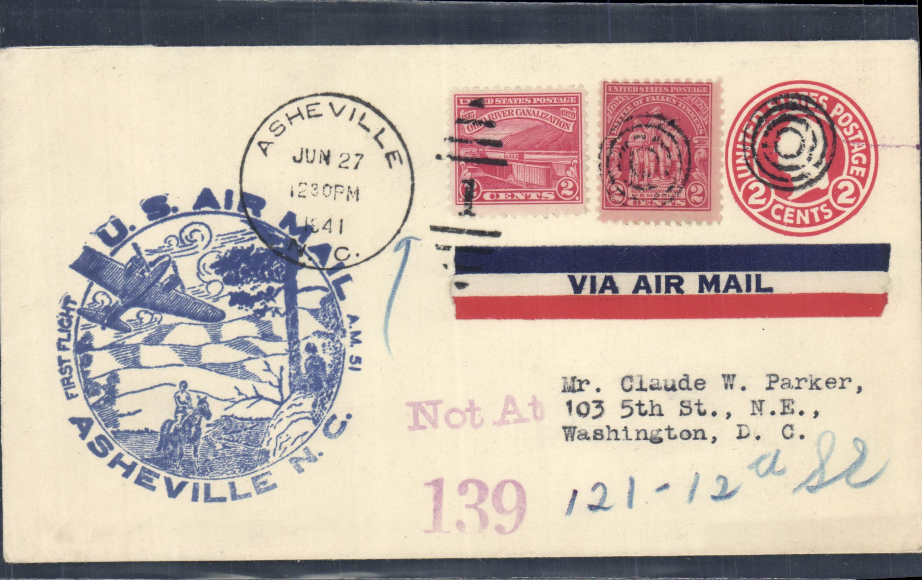 Lettre Etats Unis Asheville to Washington 27 6 1941