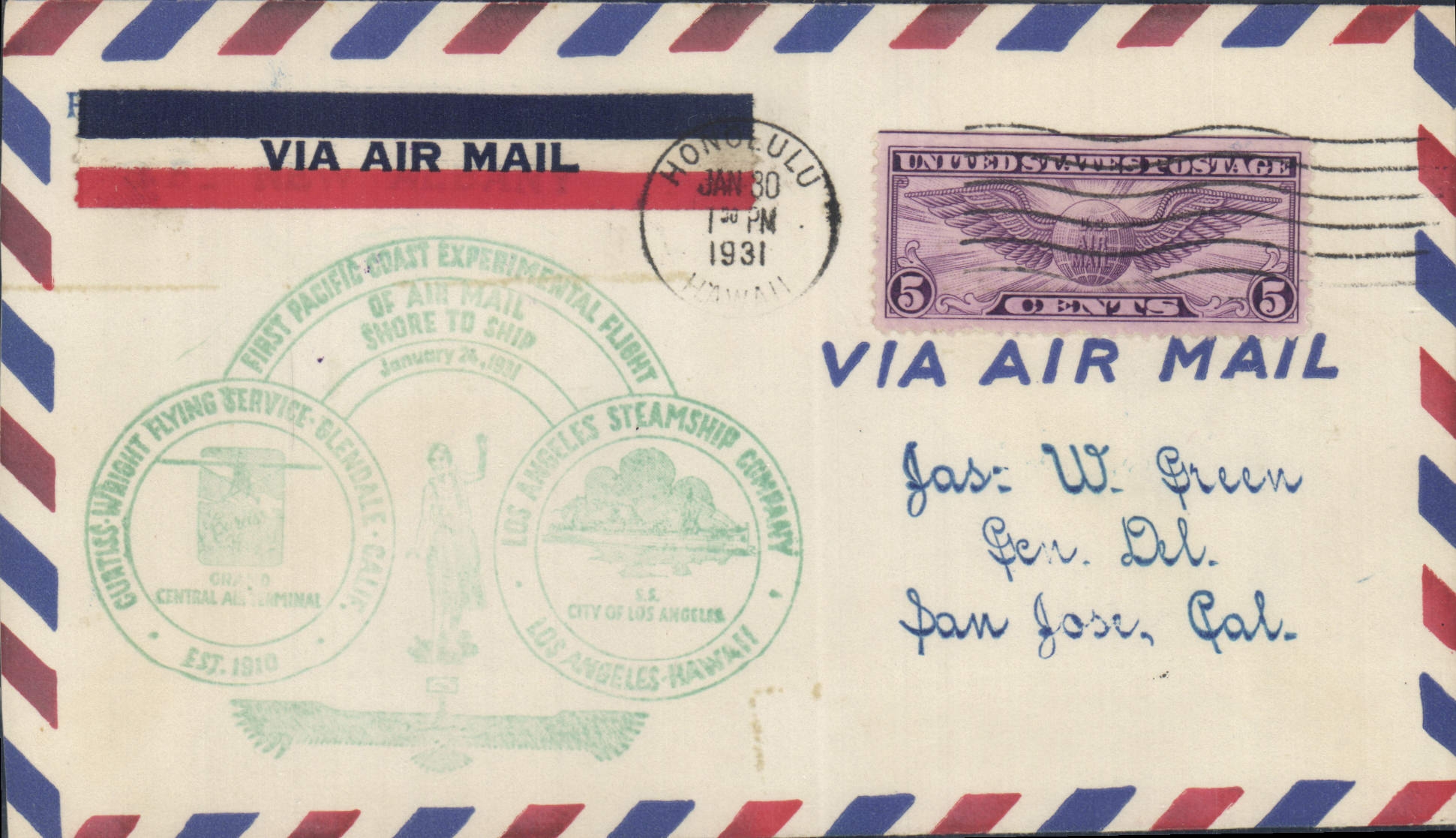 Letter the United States Los Angeles Hawaii Honolulu 30 1 1931