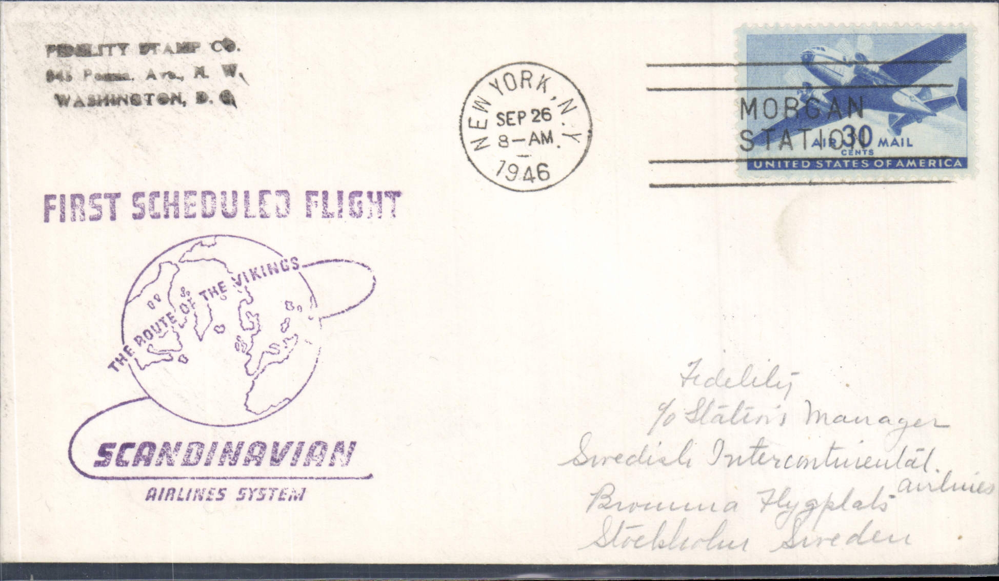Lettre Etats Unis Scandinavian Airlines to Stockholm 26 9 1946