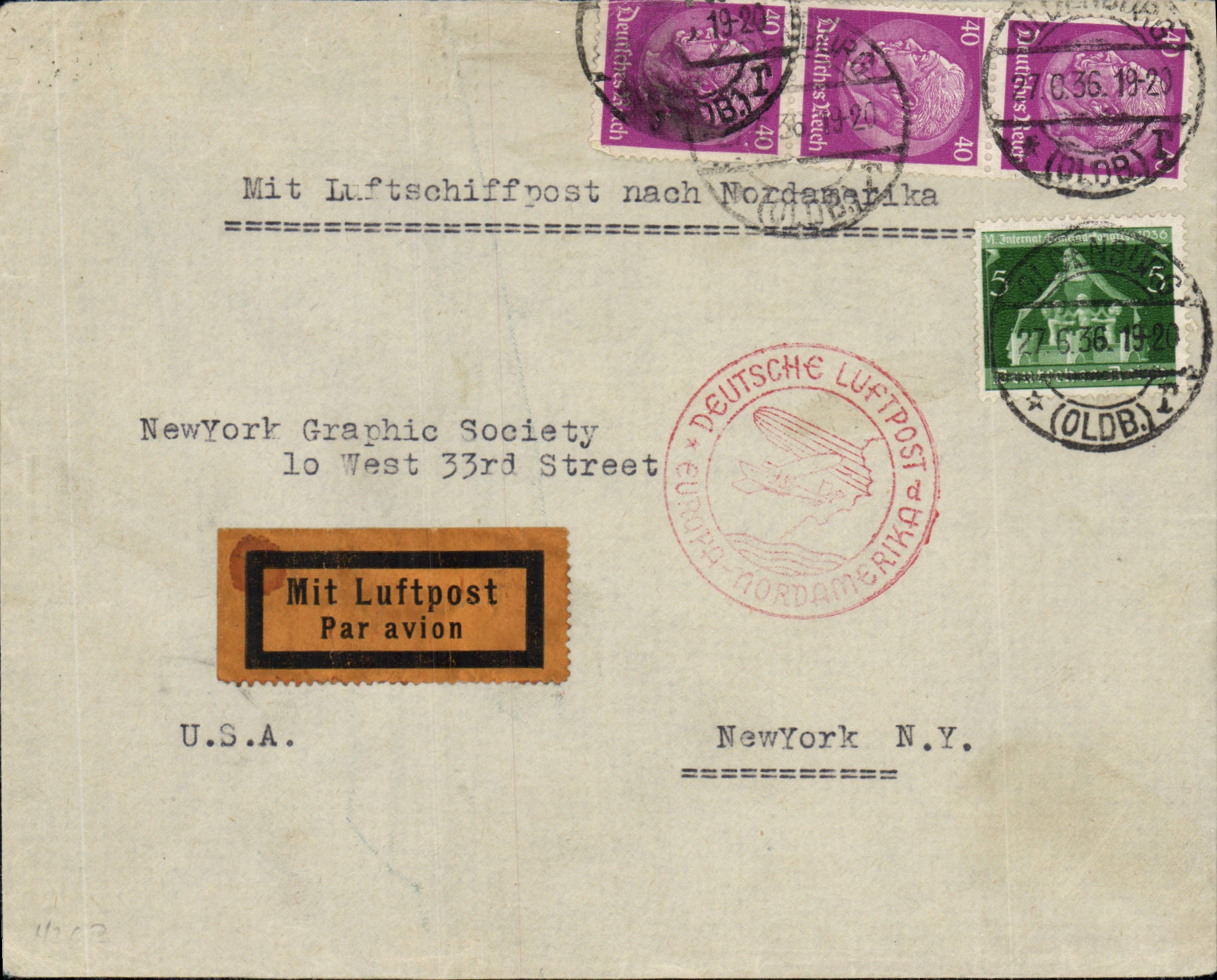Letter Zeppelin Europa Nordamerika 27 6 36