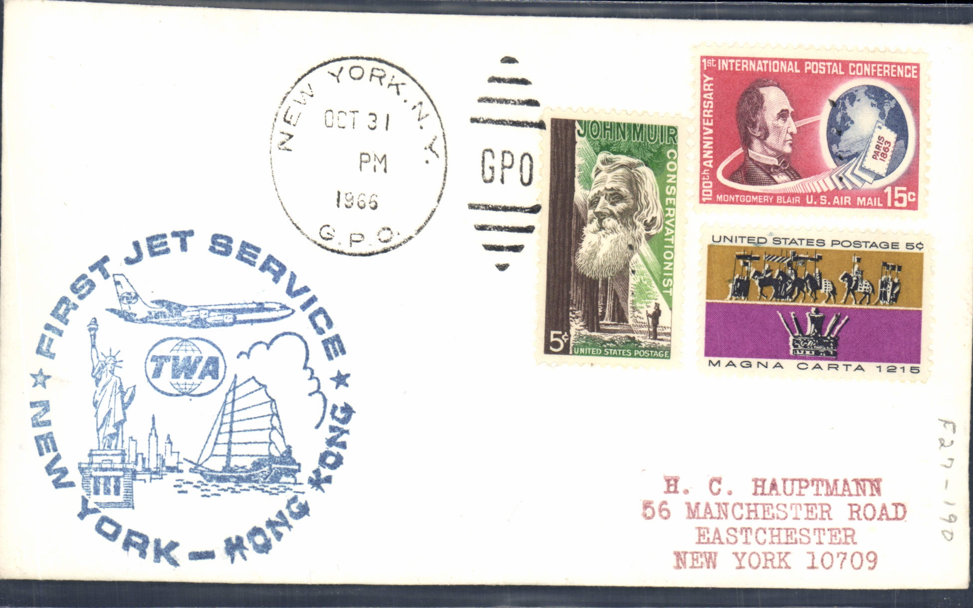 Lettre the United States First Jet service New York HongKong Clouded 31 10 1966
