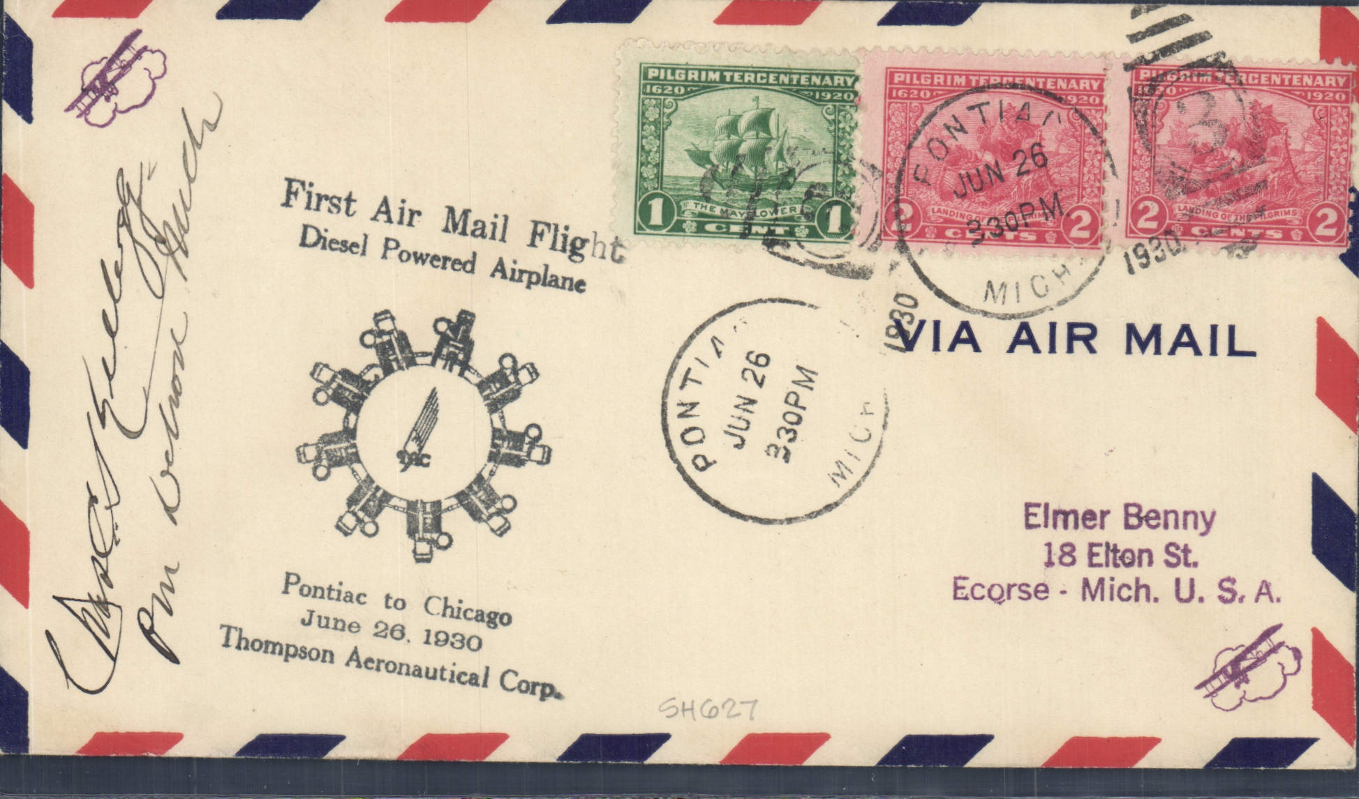 Letter the United States 1st Air Diesel email Flight powered airplane Pontiac to Chicago 26 6 1926