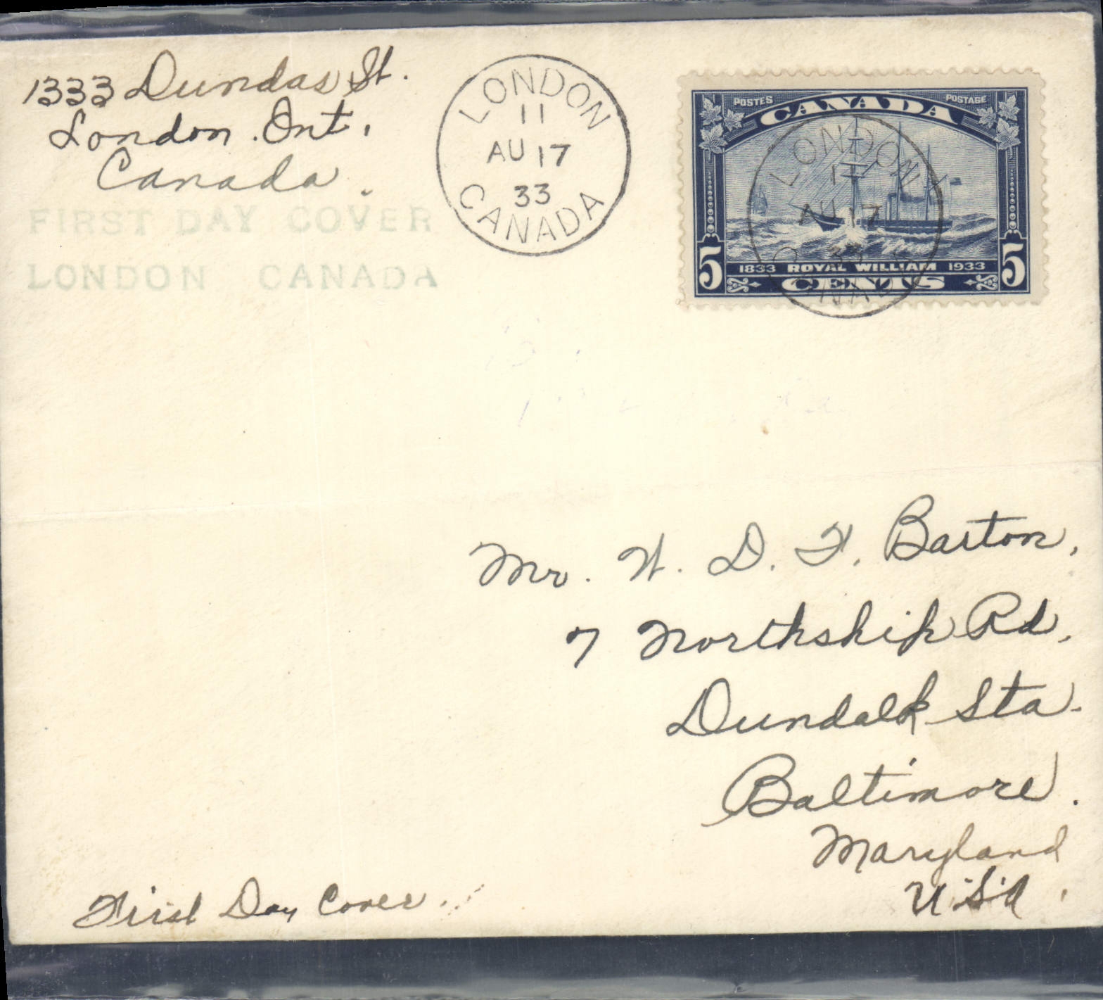 Letter Canada 1st flight London Canada 17 8 1933