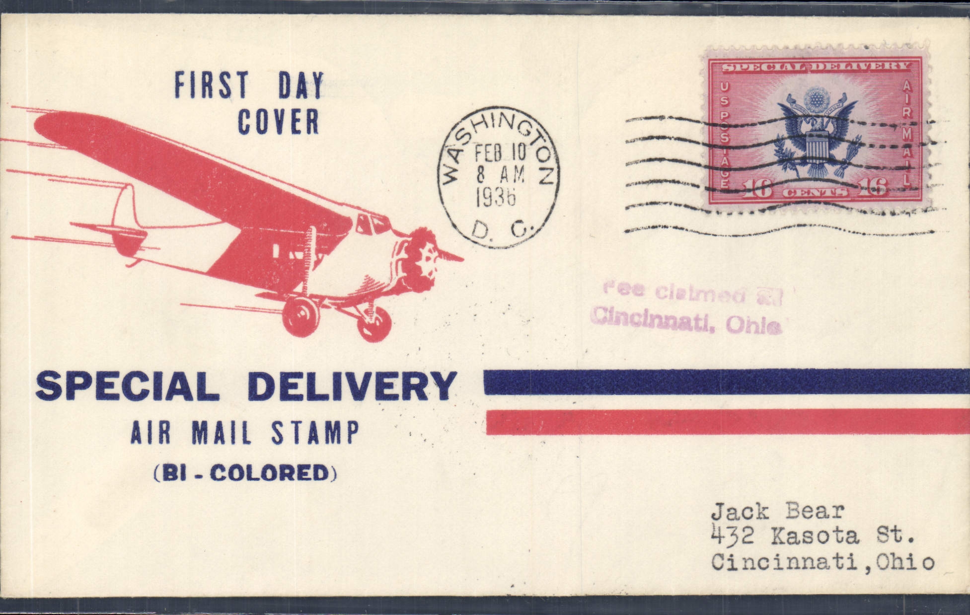 Special letter FDC Delivery Washington 10 2 1936