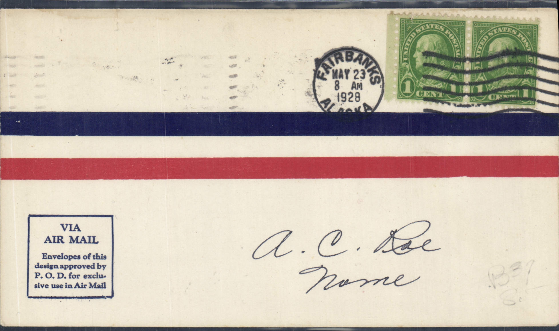 Lettre Etats Unis Fairbanks Alaska 23 5 1928