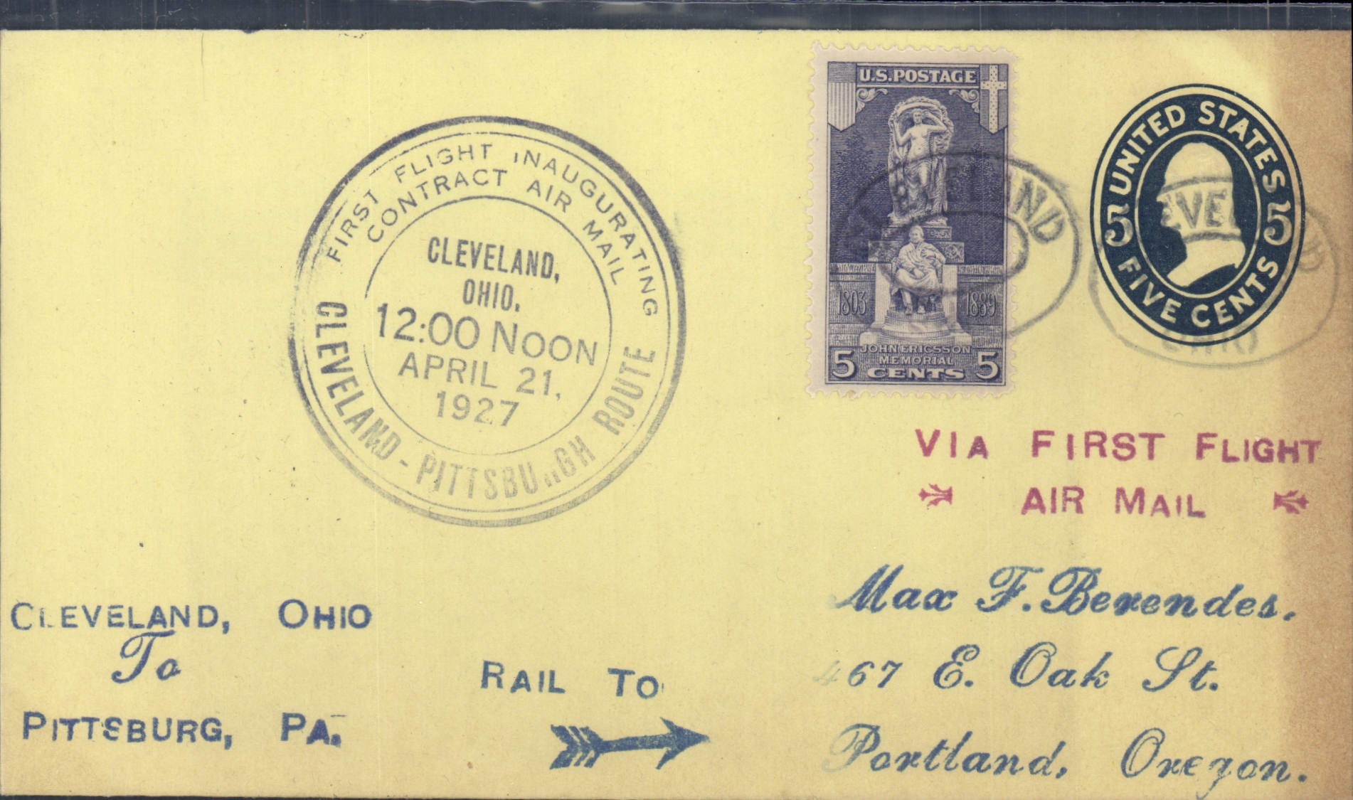 Lettre Etats Unis Cleveland Pittsburgh 21 4 1927