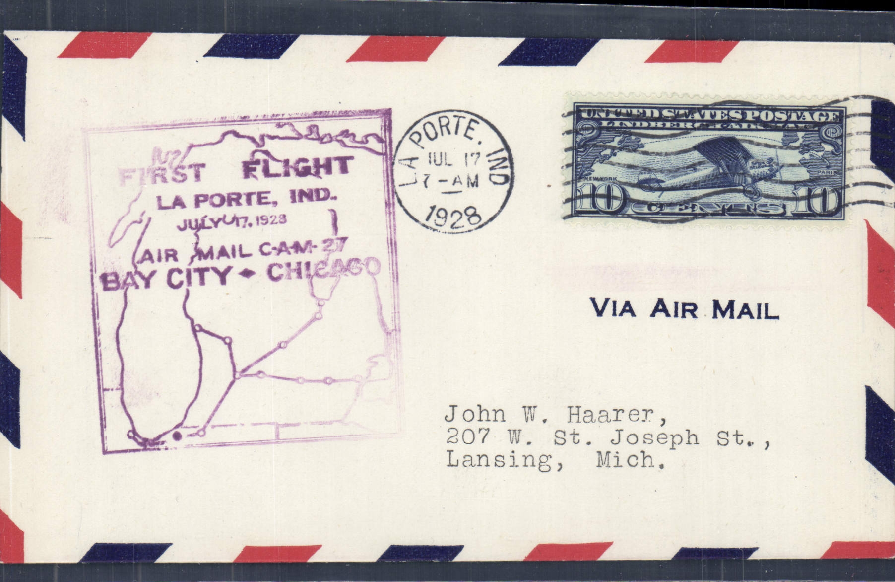 Letter the United States 1st Flight Bay City Chicago 17 7 1928