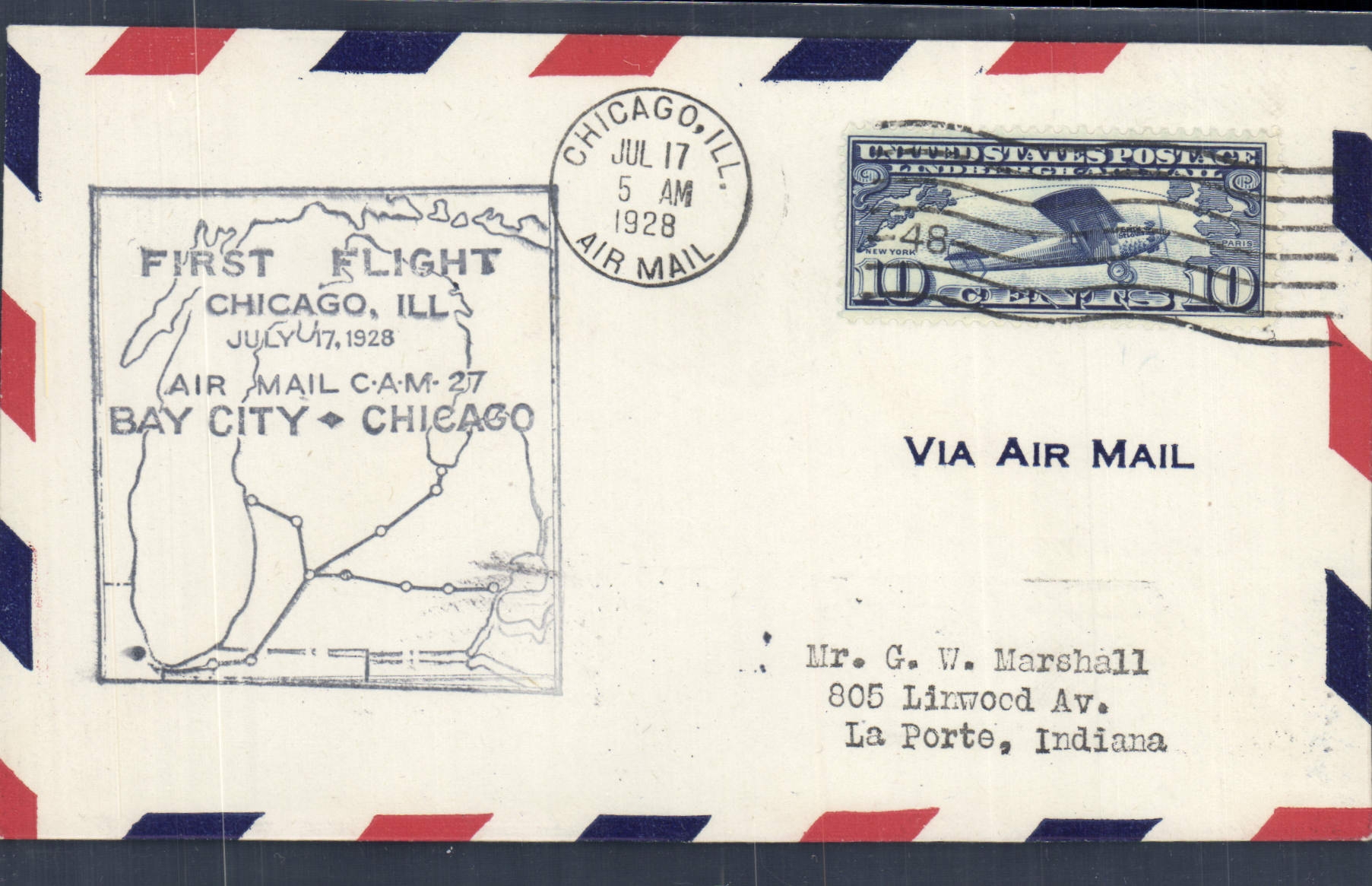 Letter the United States 1st Flight Chicago Bar city 17 7 1928