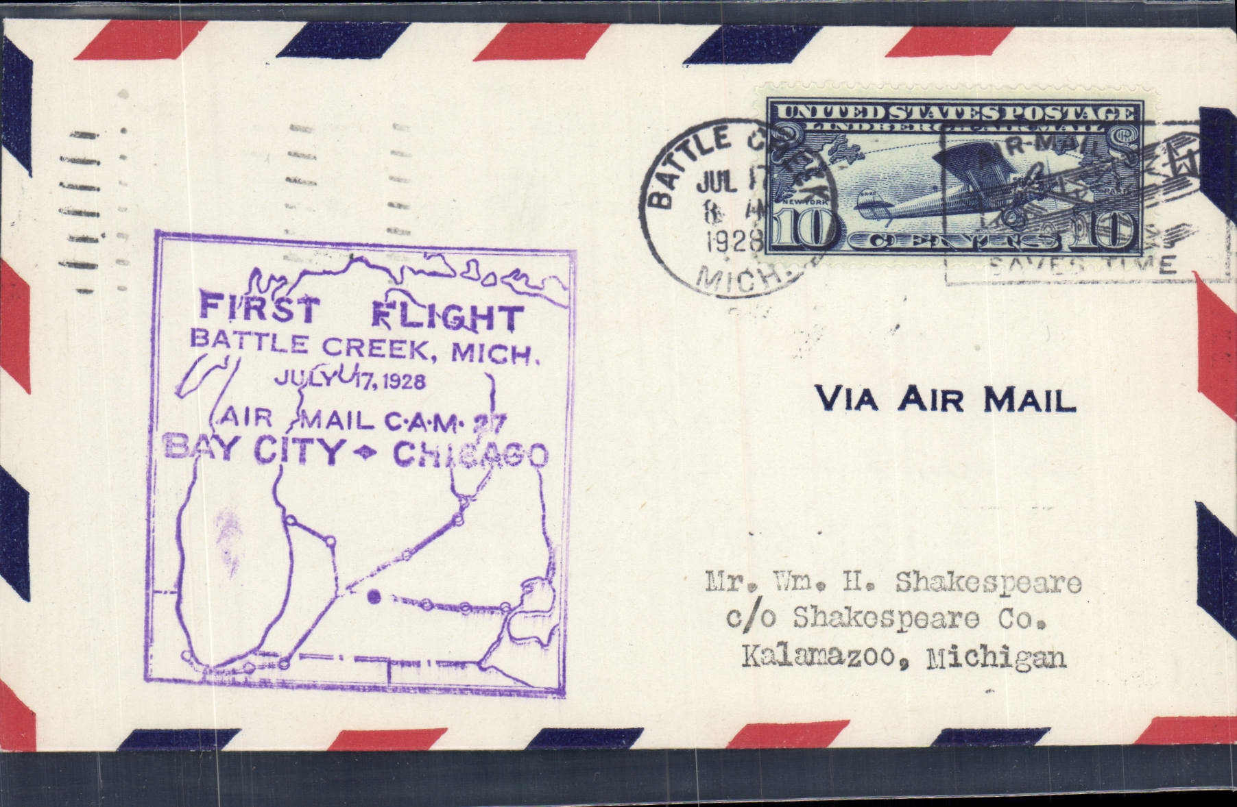 Letter the United States 1st Flight Battle Creek Chicago 17 7 1928