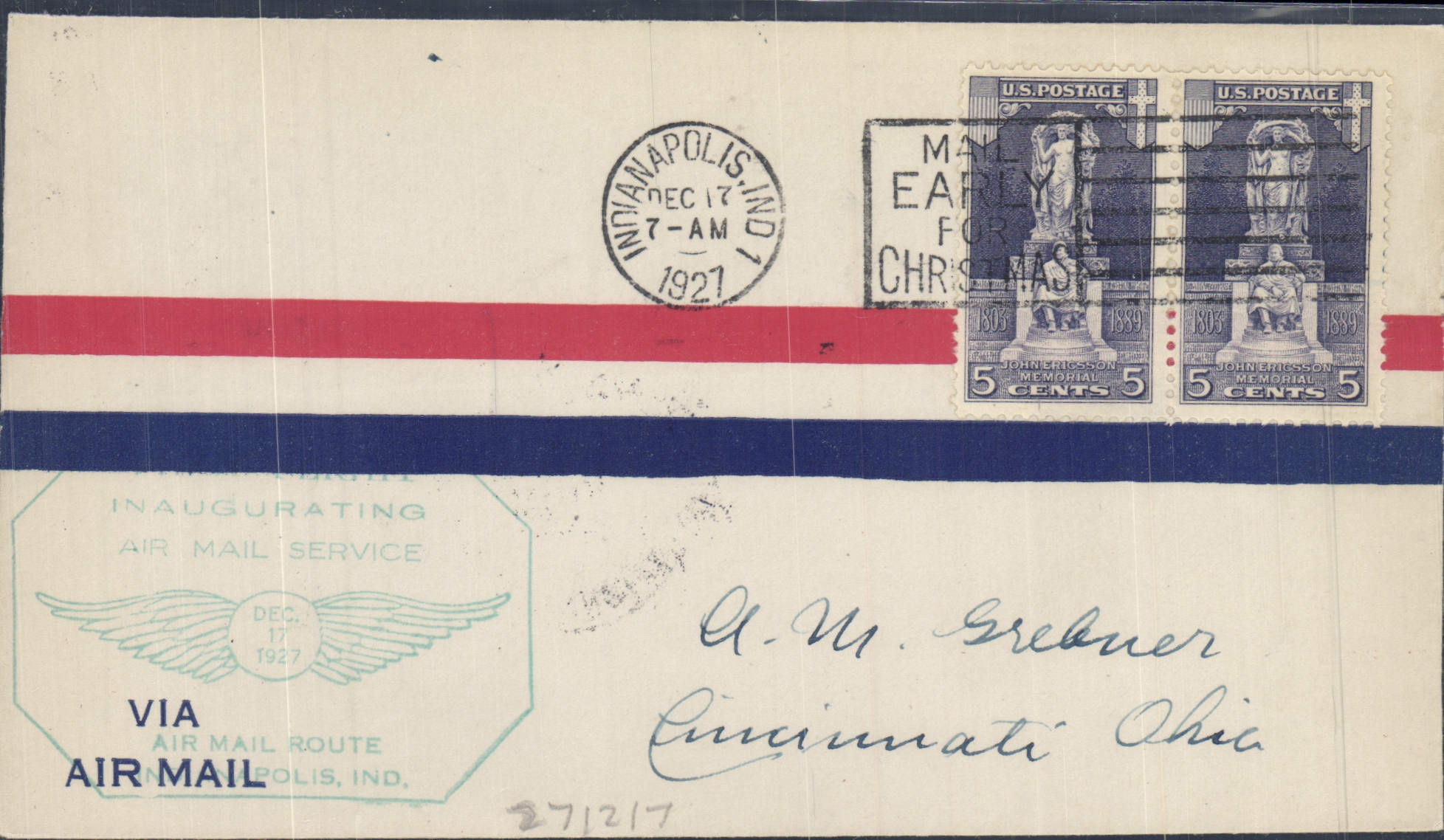 Lettre Etats Unis Inaugural Service Indianapolis 17 12 1927