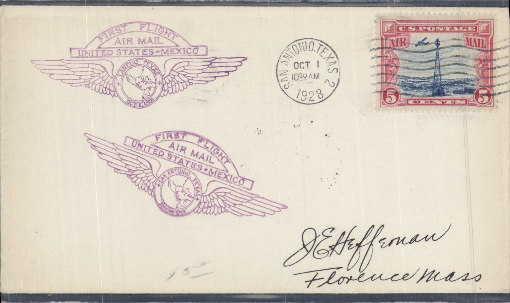 Letter the United States 1st Flight the USA Mexico City San Antonio Texas 1 10 1928