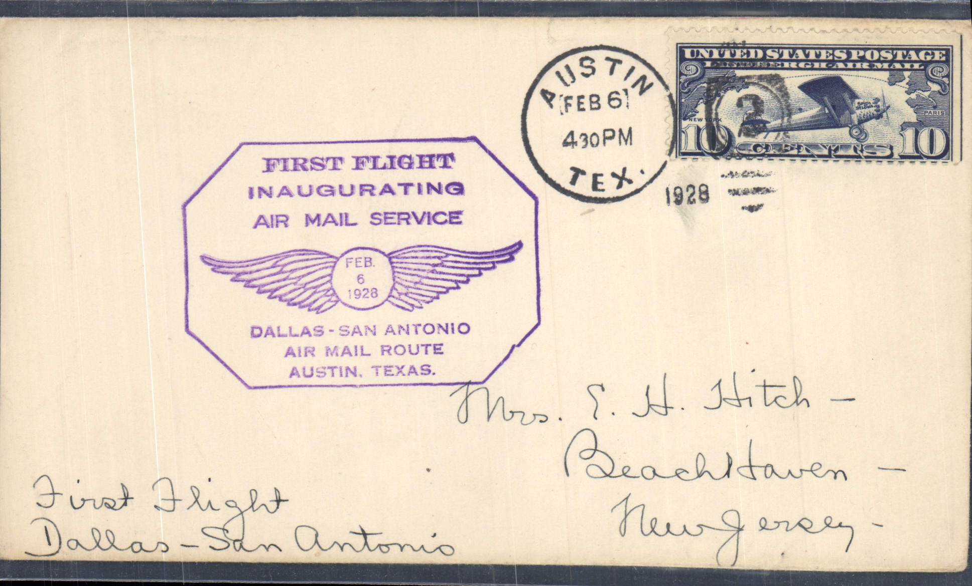 Lettre Etats Unis 1st Flight Dallas San Antonio 6 2 1928