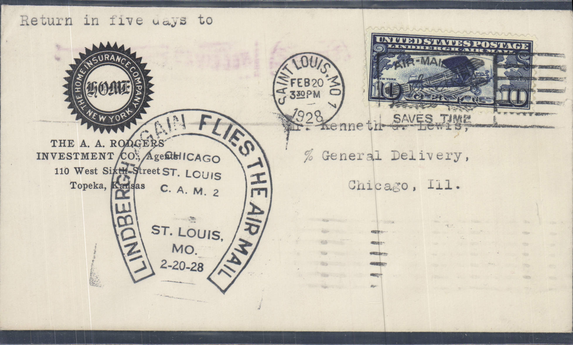 Letter the United States Lindbergh Chicago Saint Louis 20 2 1928