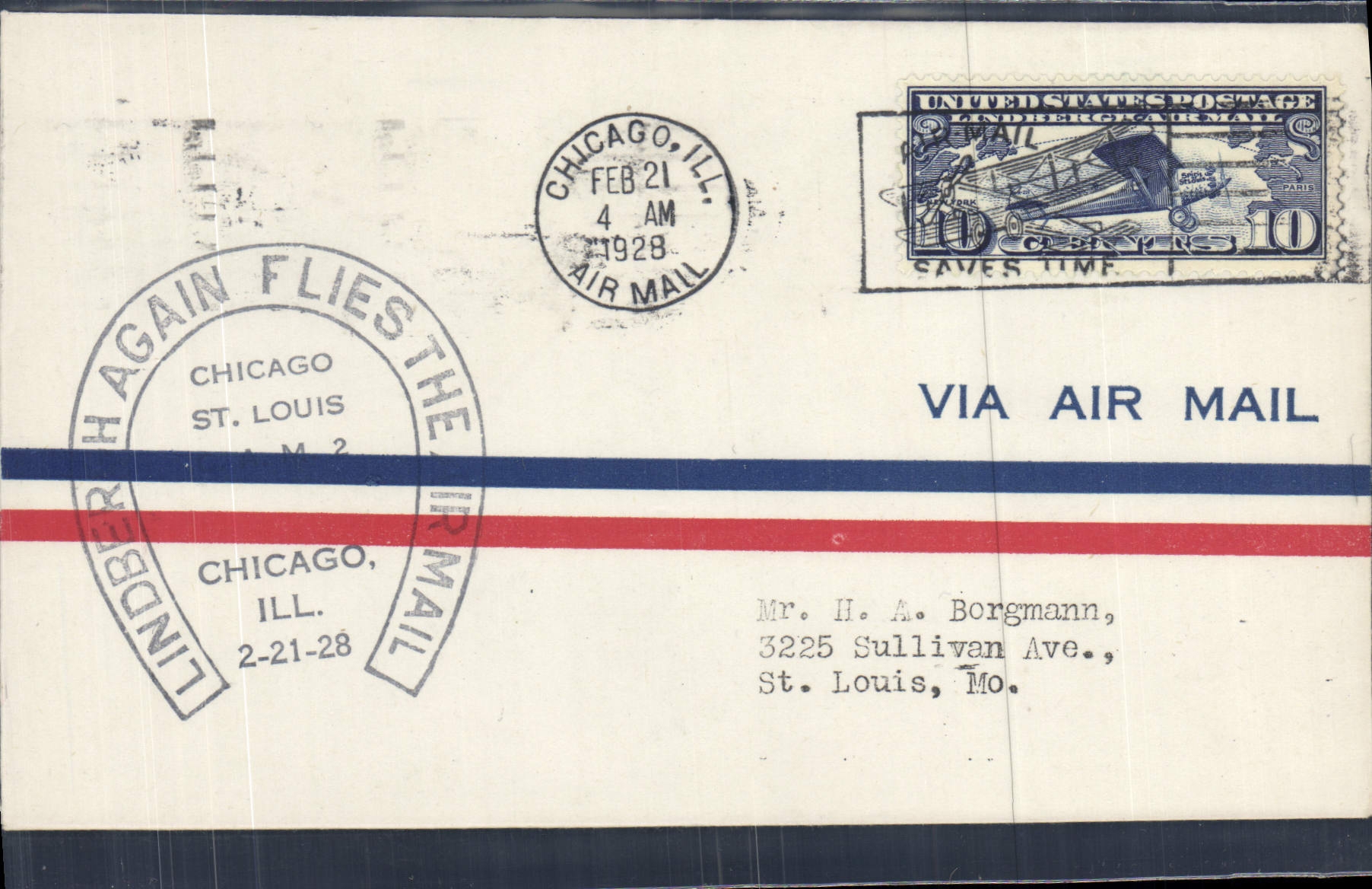 Lettre Etats Unis 1st Flight Lindbergh Chicago 21 2 1928