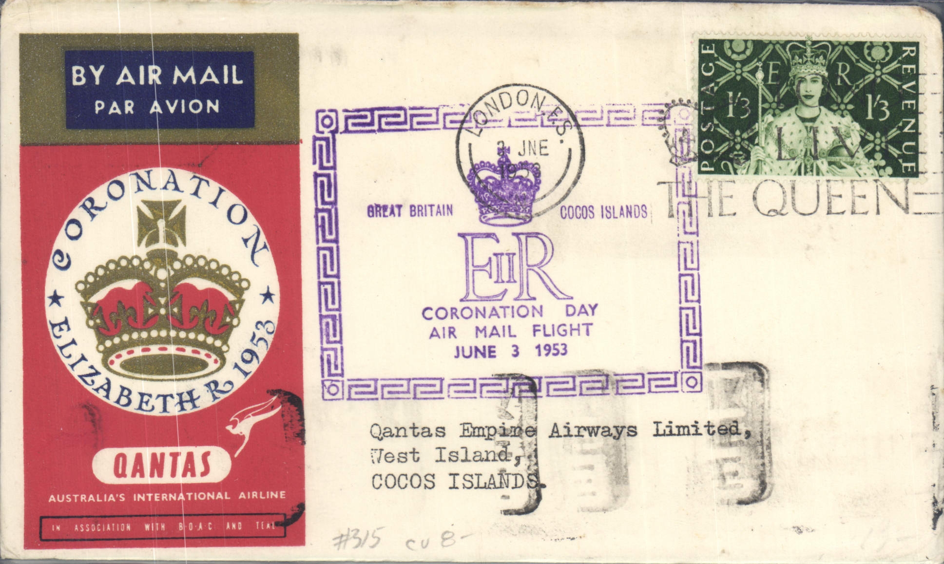 Letter Qantas London to Cocos Islans Coronation 3 6 1953