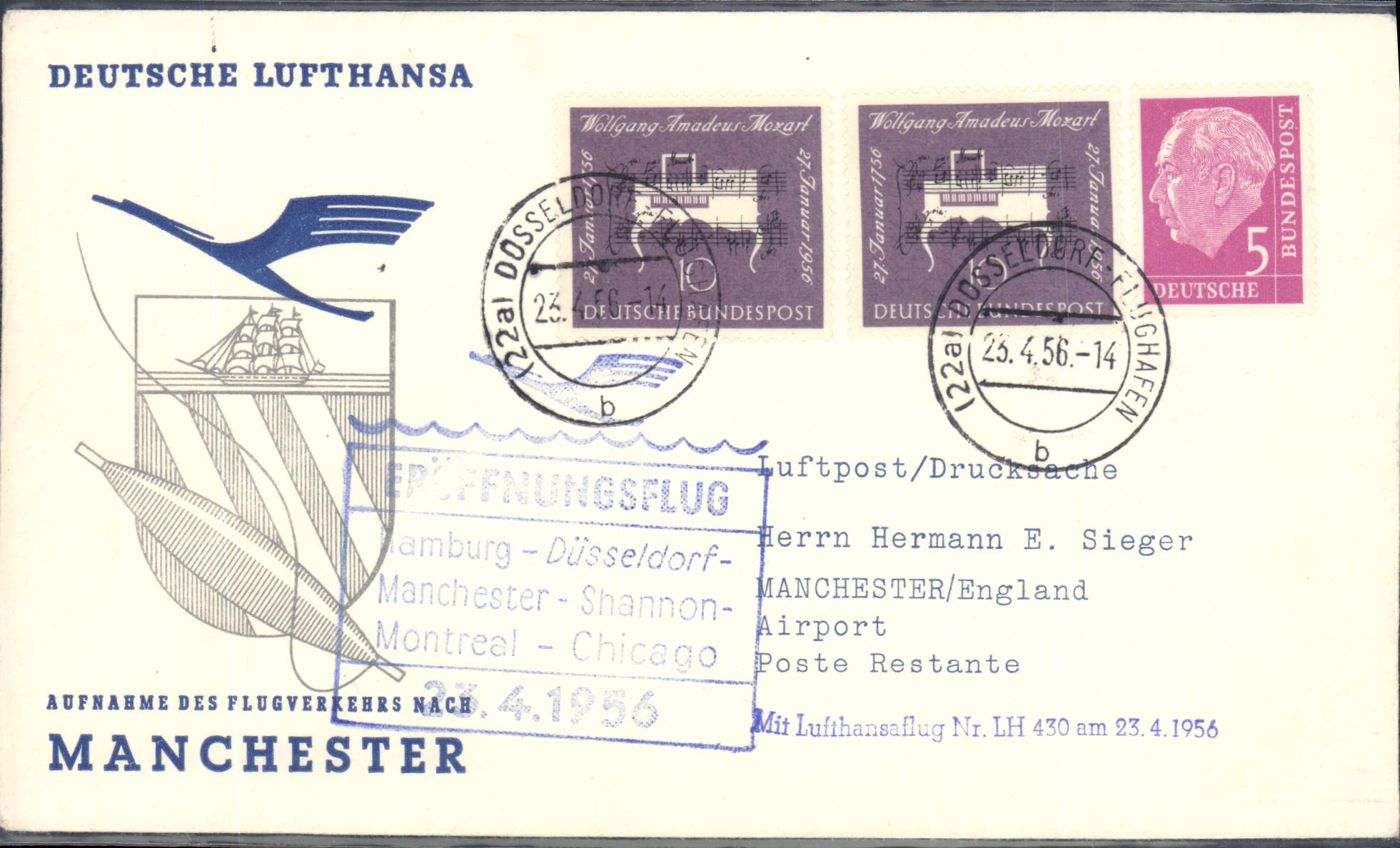 Lettre Allemagne Hamburg Chicago Manchester 24 3 56 Lufthansa