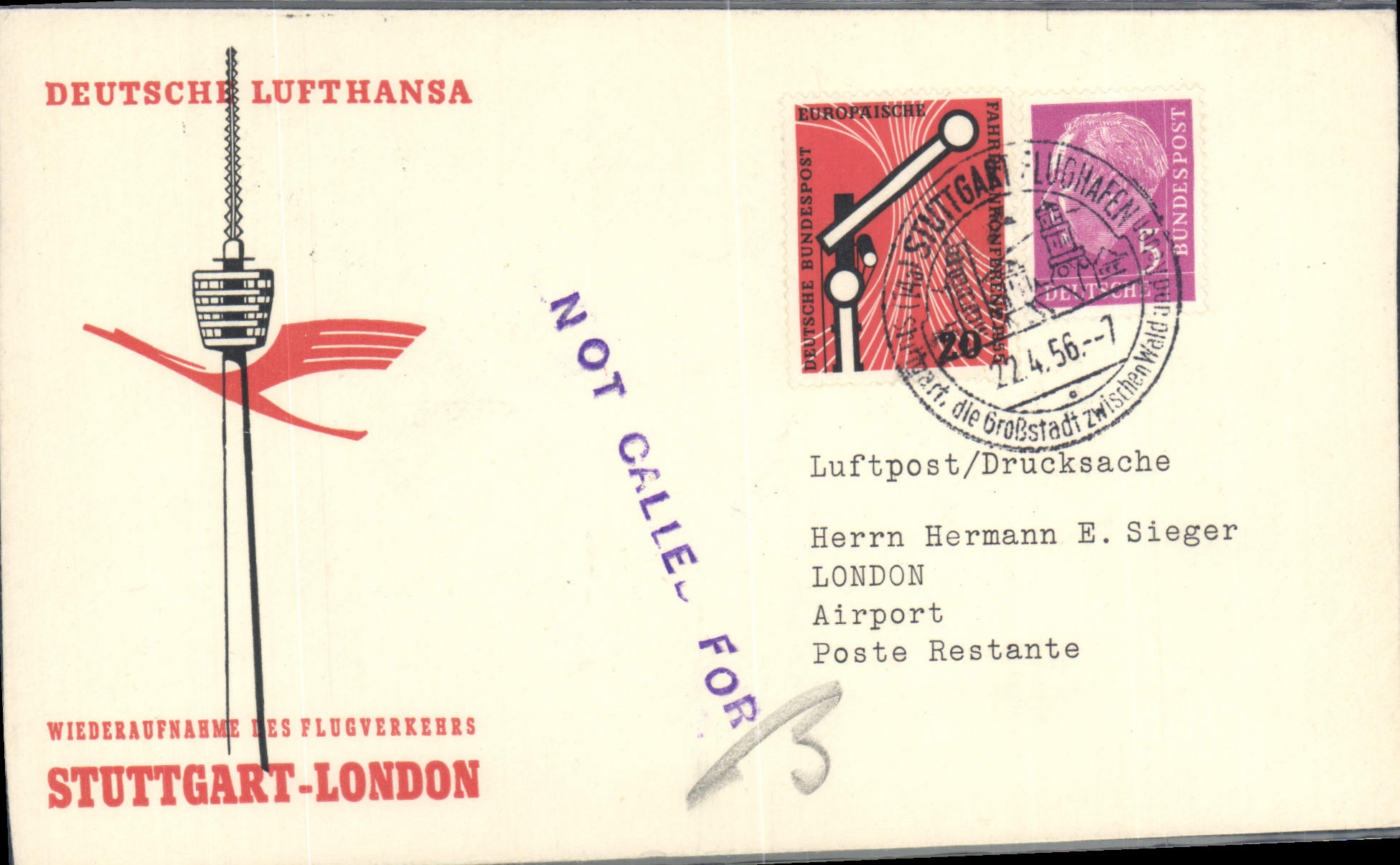 Lettre Allemagne Lufthansa Stuttgart London 22 4 56