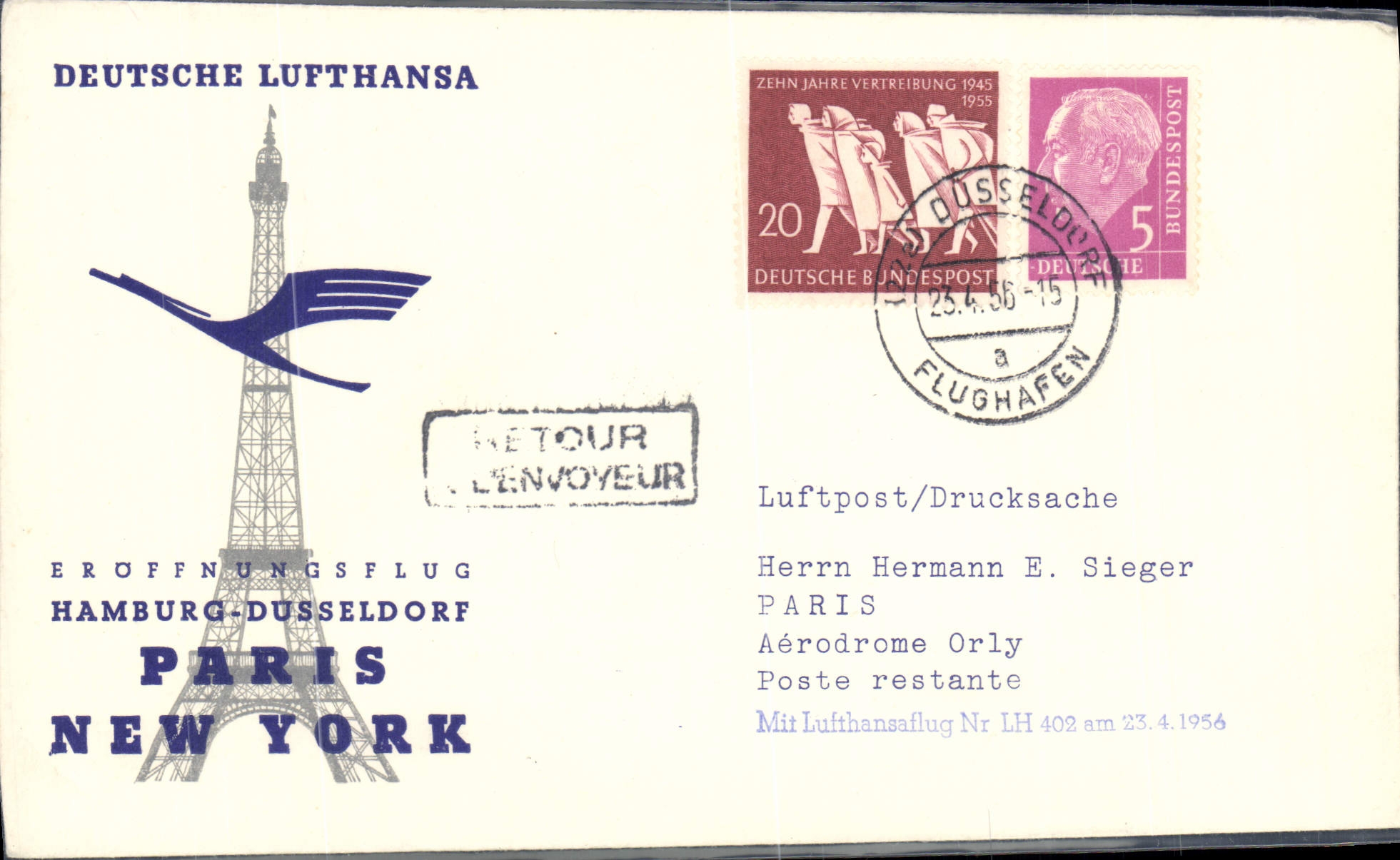 Letter Germany Hamburg Dusseldorf Paris New York Eiffel Tower Lufthansa 23 4 56