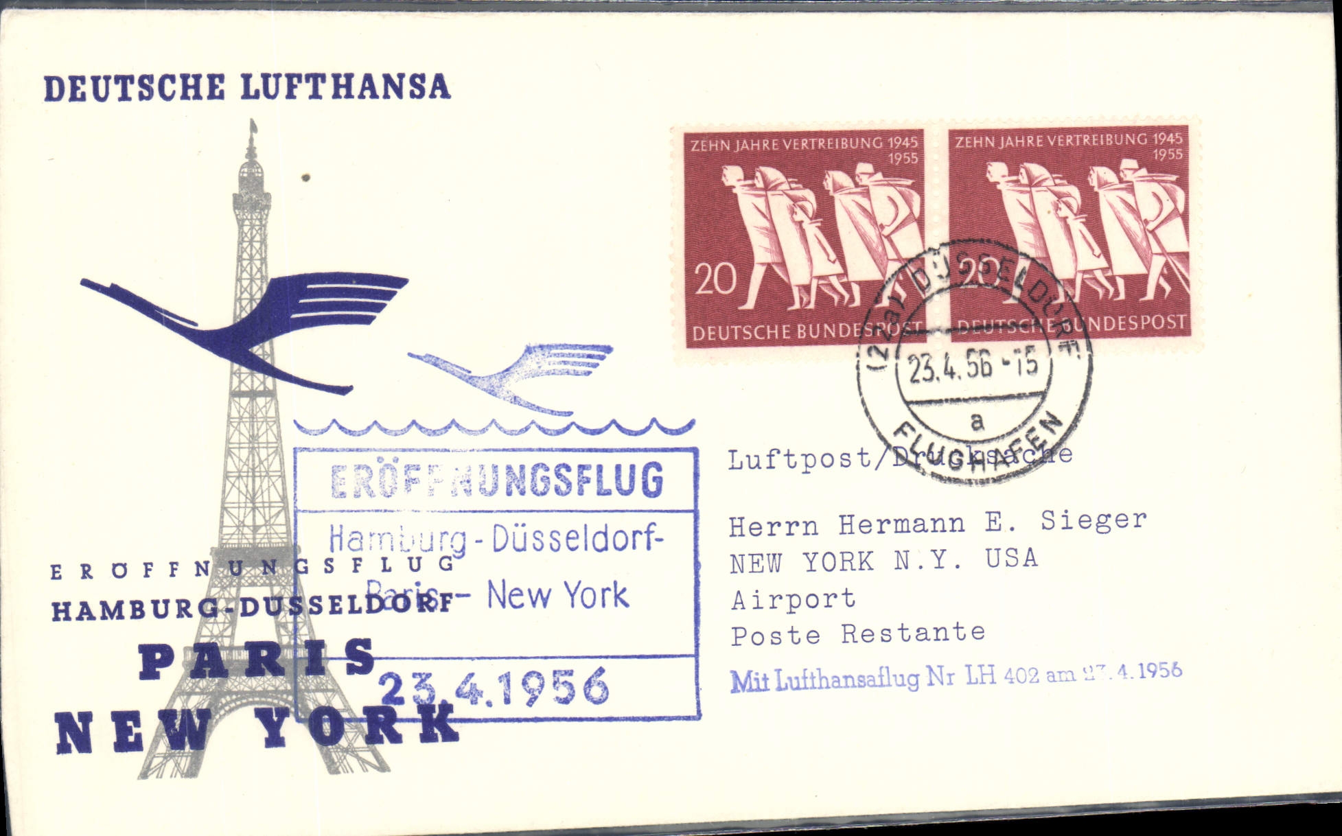 Lettre Allemagne Hamburg Dusseldorf Paris New York Tour Eiffel Lufthansa 23 4 56