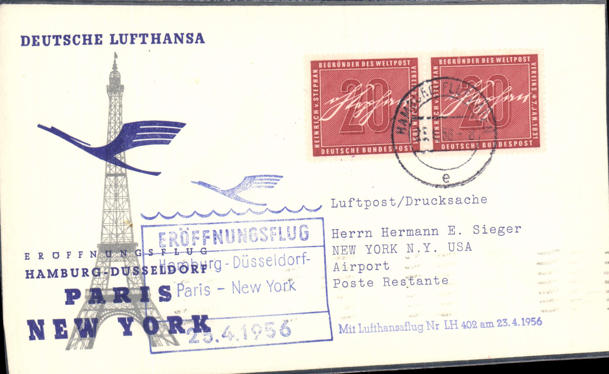 Lettre Allemagne Hamburg Dusseldorf Paris New York Tour Eiffel Lufthansa 23 4 56