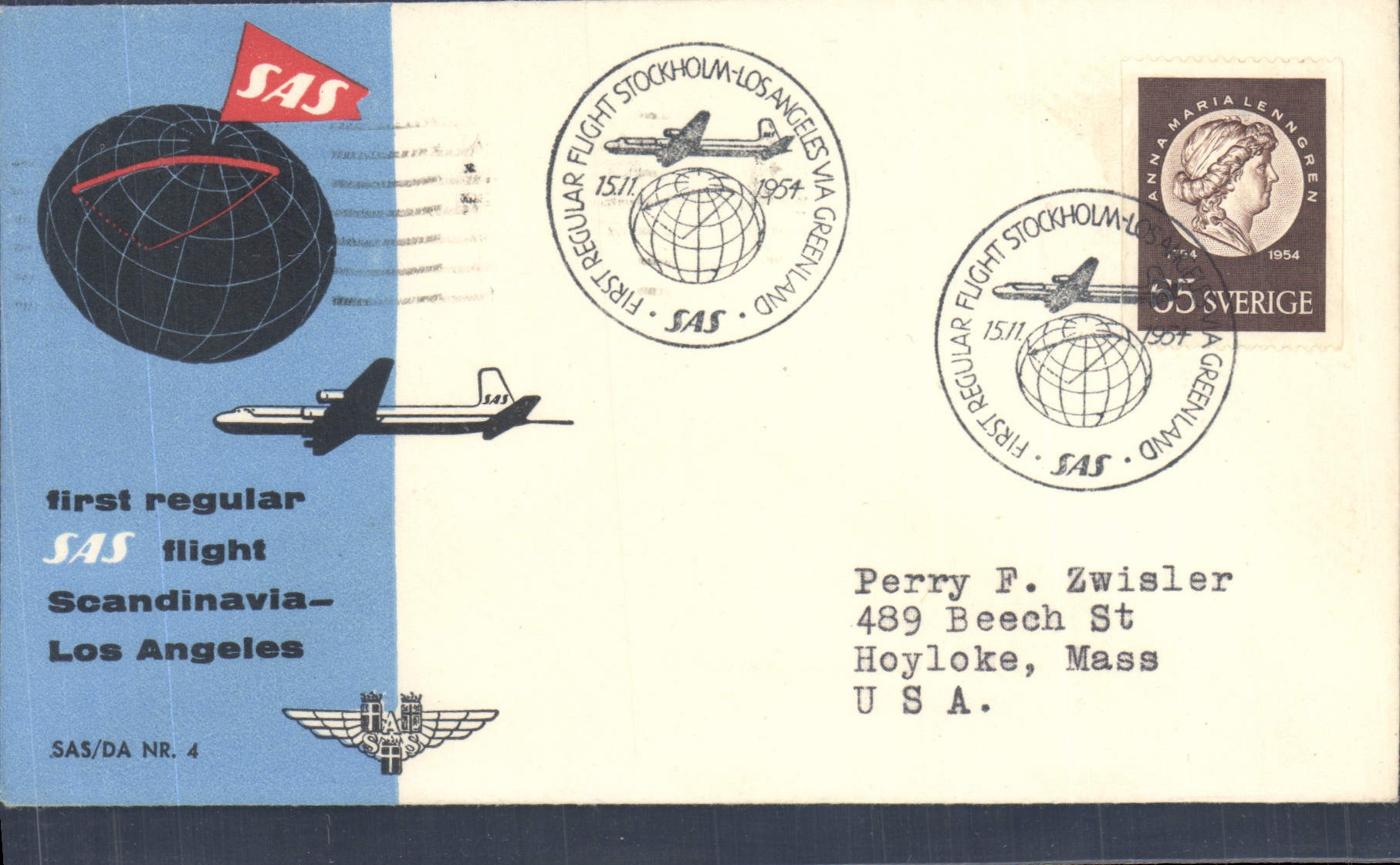 Letter SAS Sweden to Los Angeles 15 11 54