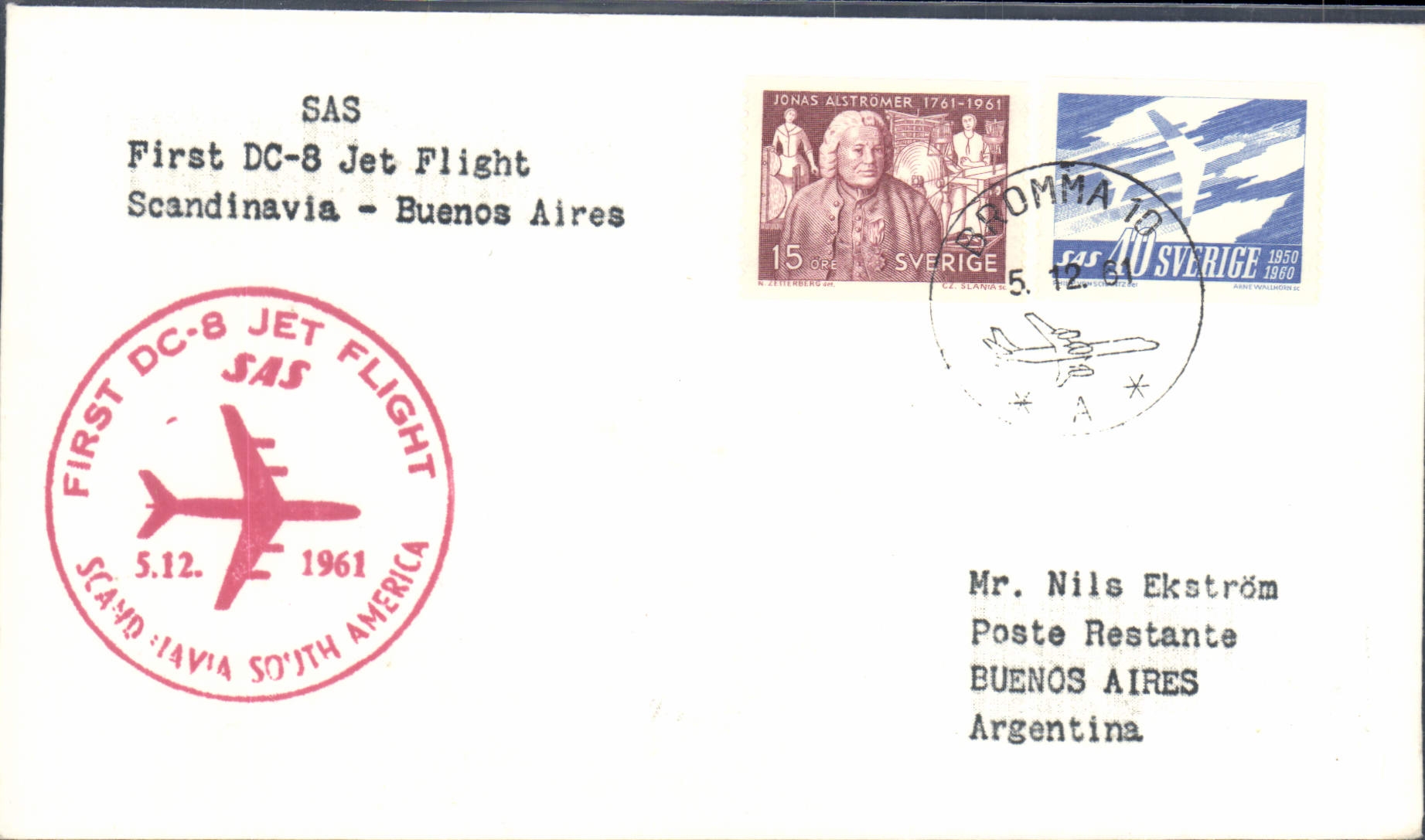 Letter SAS First DC8 Jet Flight Scandinavia Buenos Aires 5 12 1961