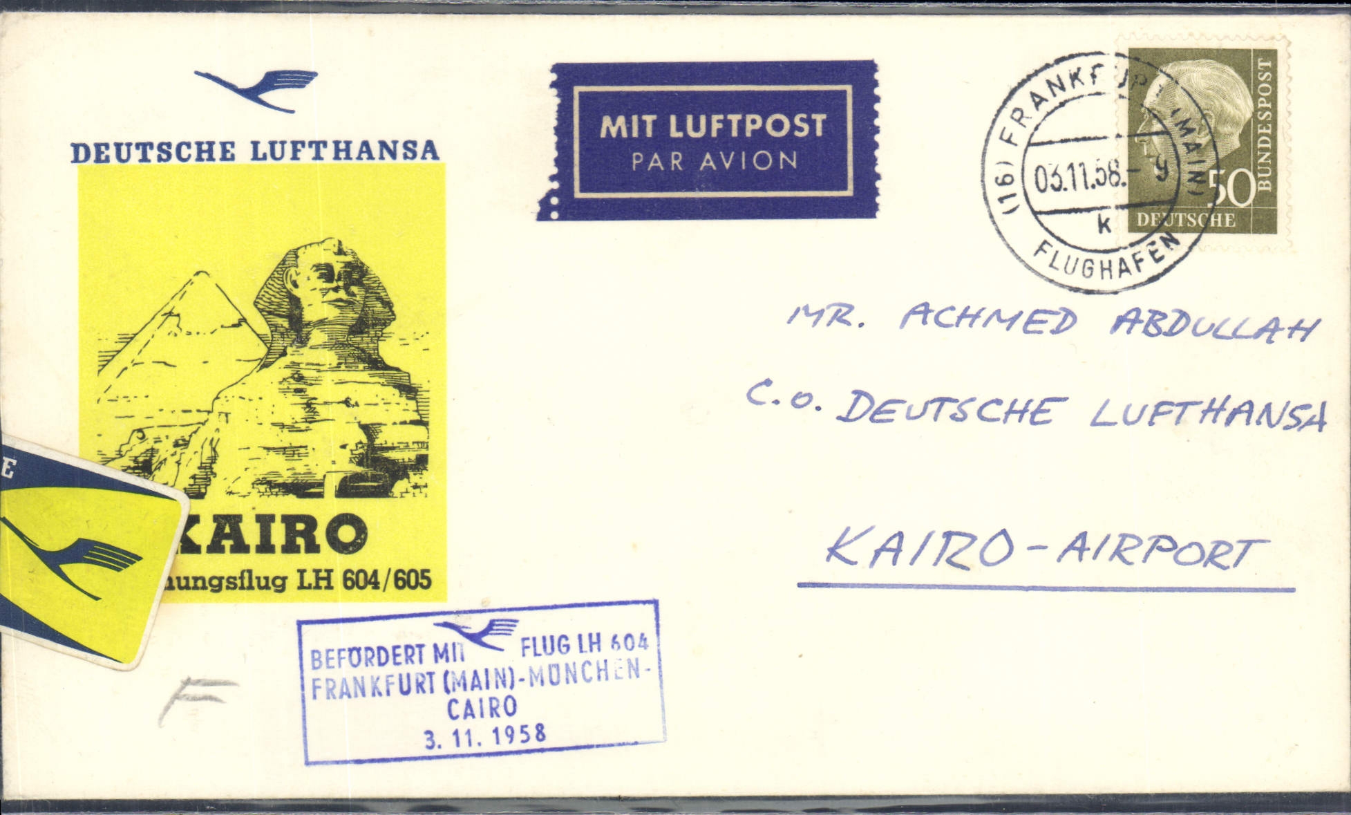 Lettre Lufthansa Frankfurt Munchen Cairo Egypt Egypte 3 11 1958 Pyramide