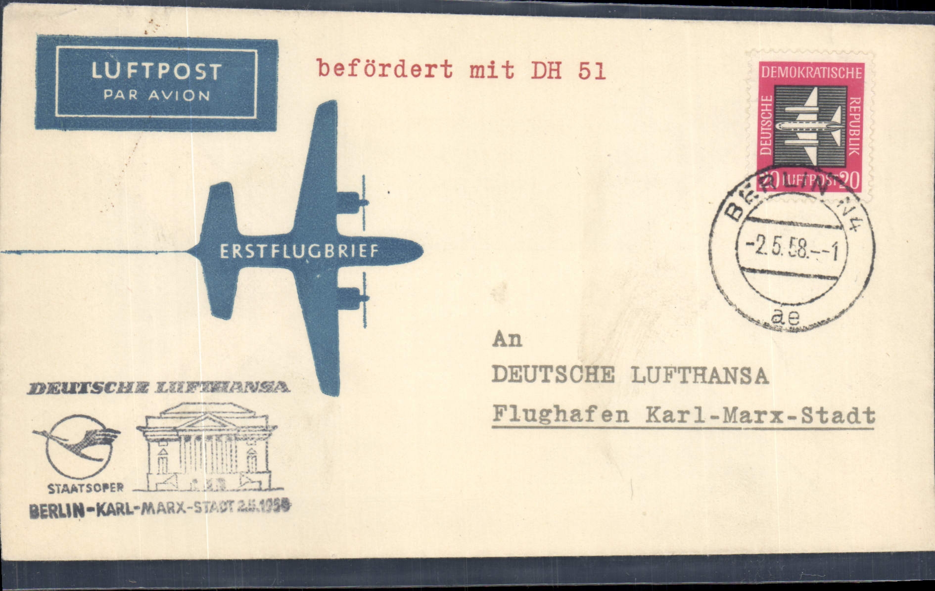 Lettre Allemagne Berlin Karl Marx Stadt 2 5 58 Lufthansa
