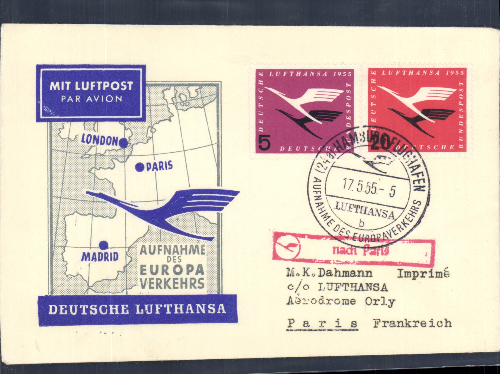 Lettre Allemagne London Paris Madrid Lufthansa 17 5 55