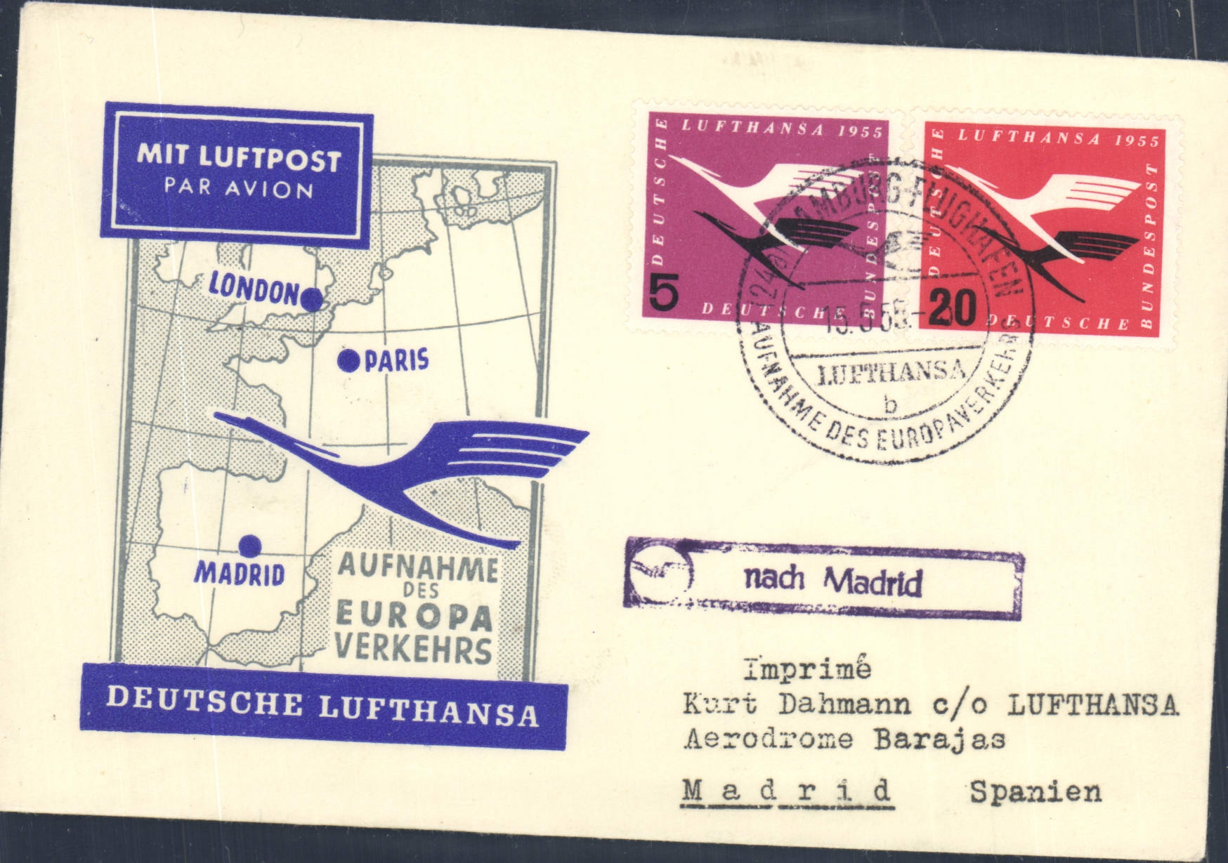 Lettre Allemagne London Paris Madrid Lufthansa 15 5 55