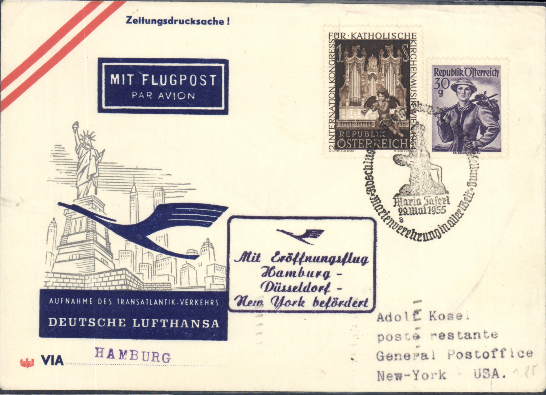 Letter Austria Lufthansa to New York 29 5 1955