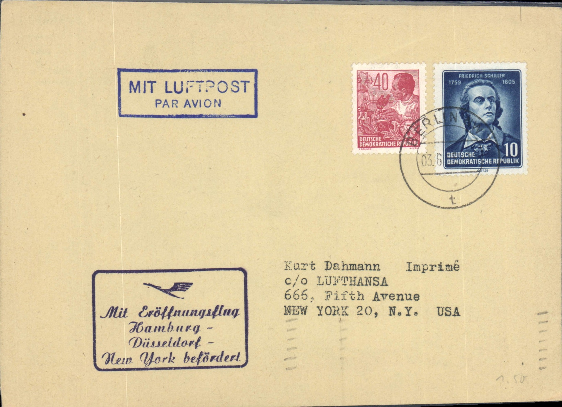 Lettre Allemagne Dusseldorf New York 3 6 1955