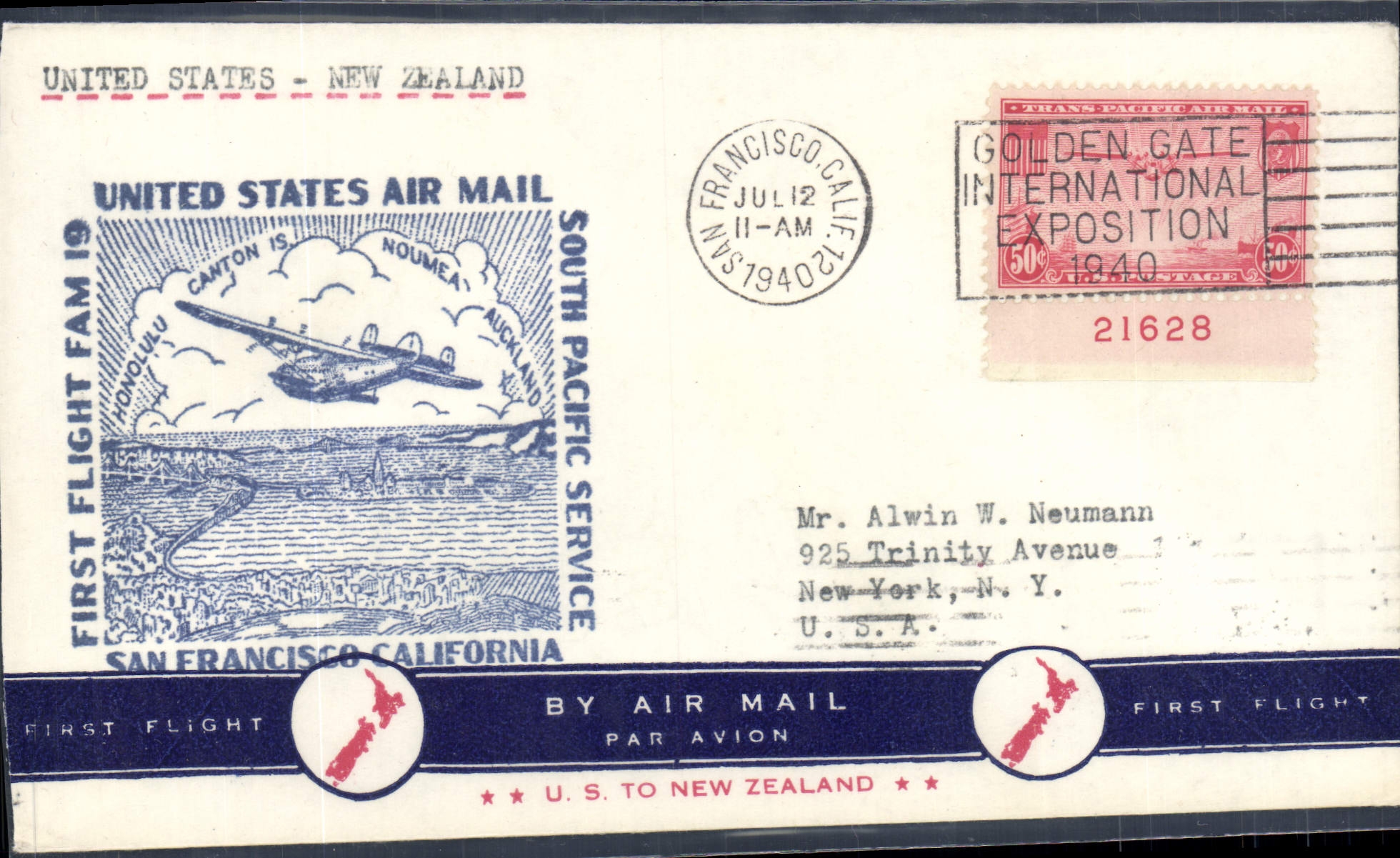 Lettre Etats Unis San Fransisco Hydravion 12 7 1940