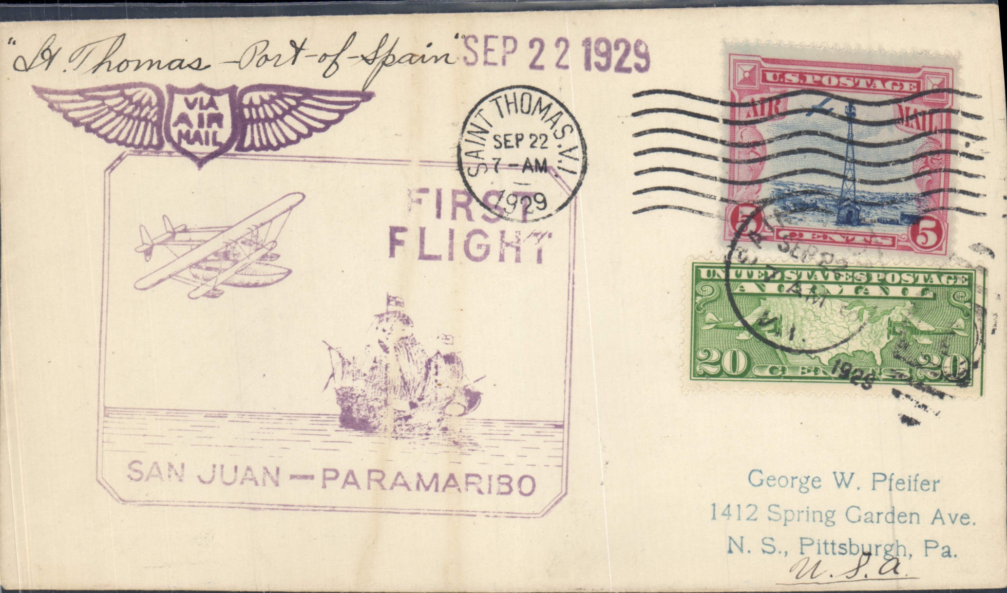 Letter 1st Flight san Juan Paramaribo 22 9 1929