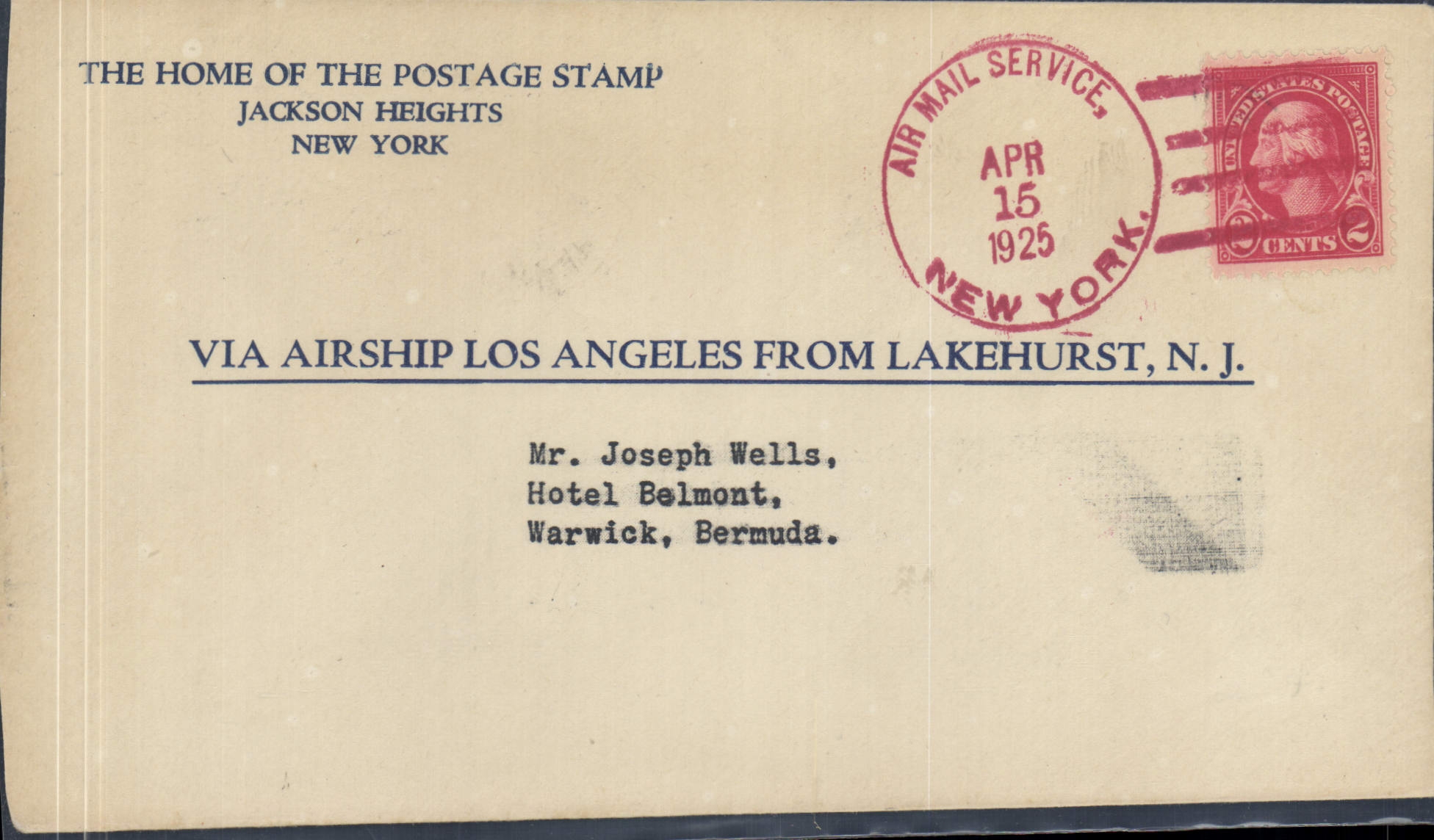 Letter the United States New York to Warwick Bermuda shorts 15 4 1925