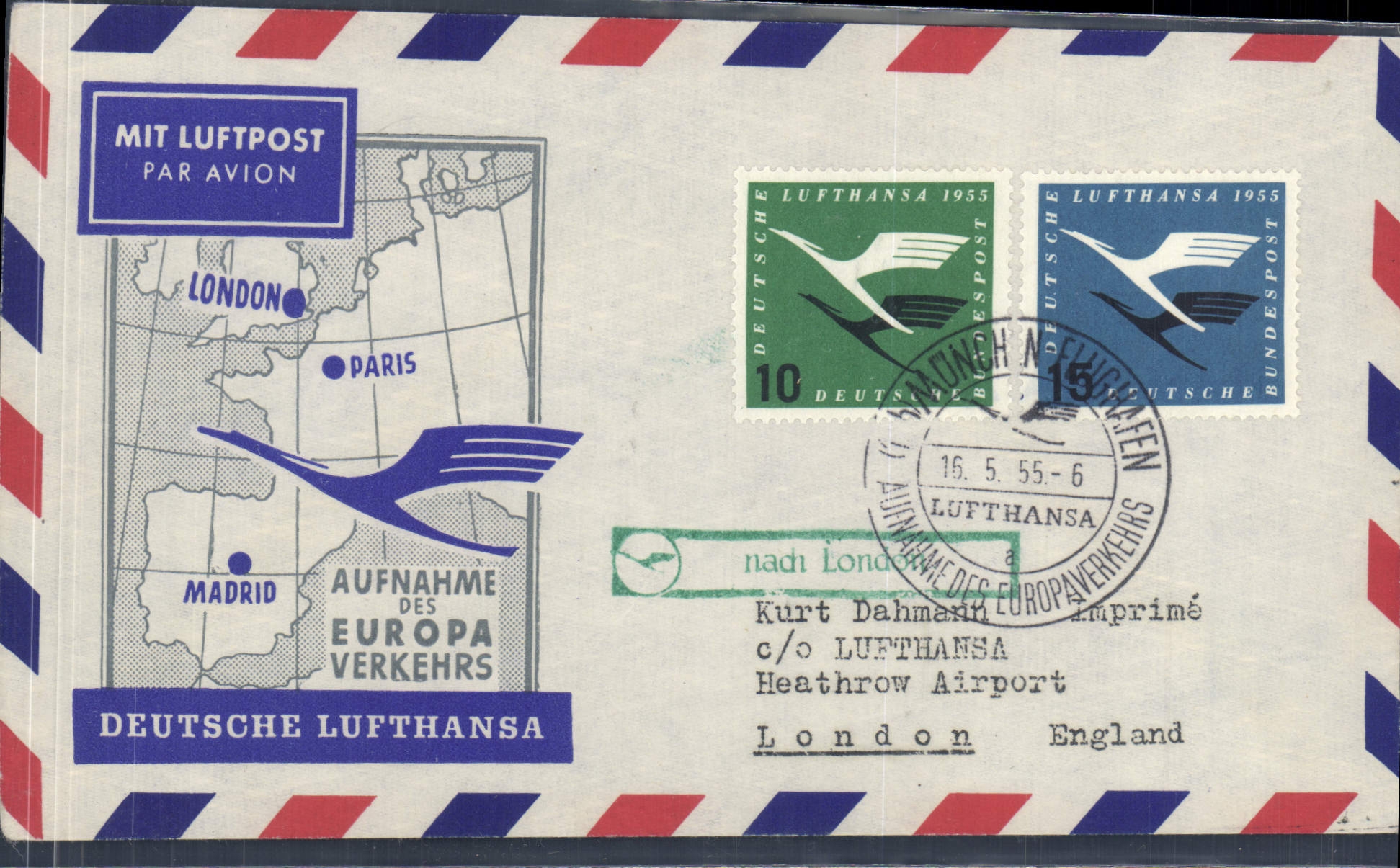 Lettre Allemagne London Paris Madrid 16 5 55