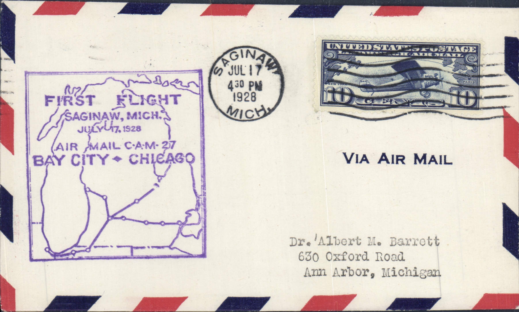 Lettre Etats Unis Bay City Chicago 17 7 1928