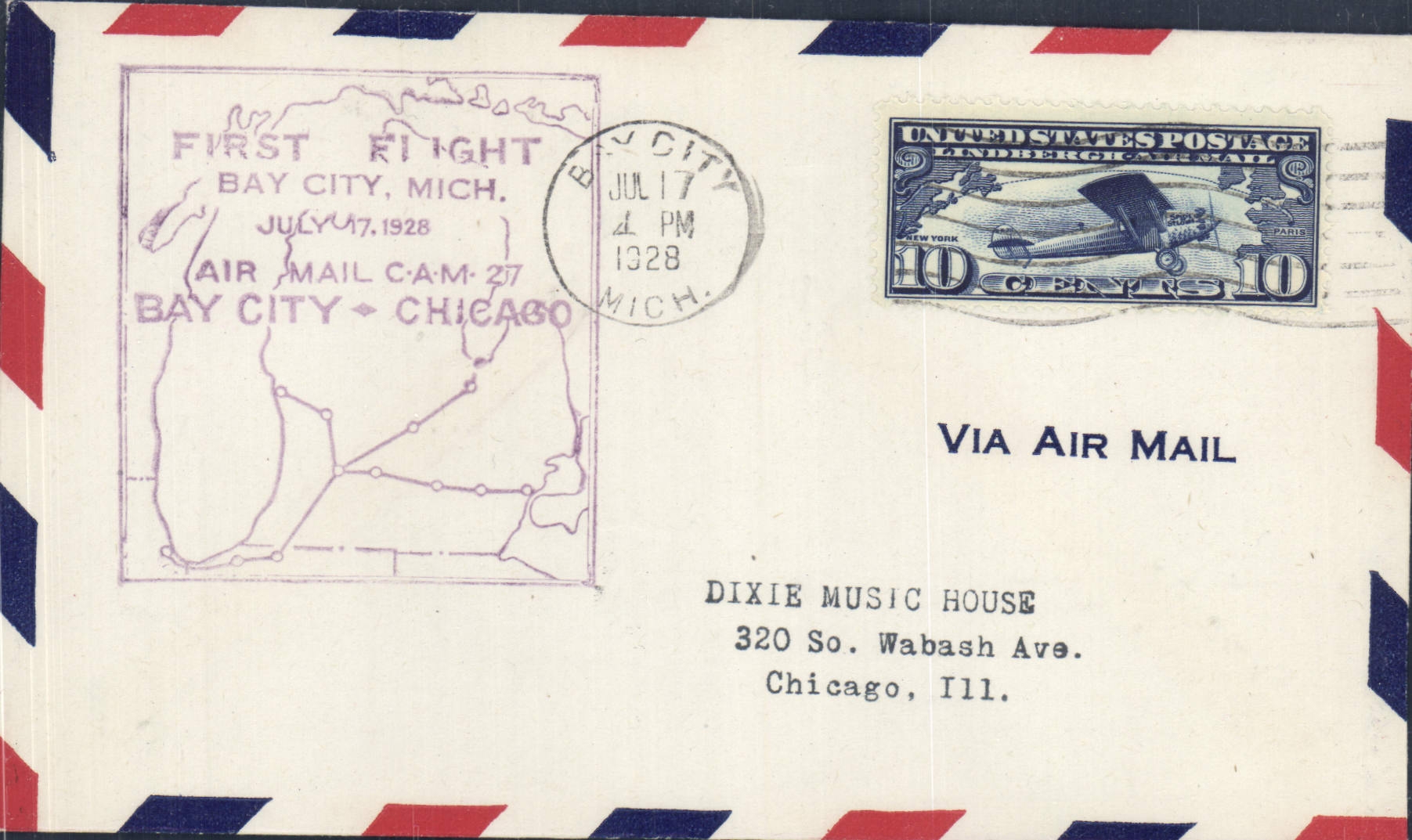 Lettre Etats Unis Bay City Chicago 17 7 1928