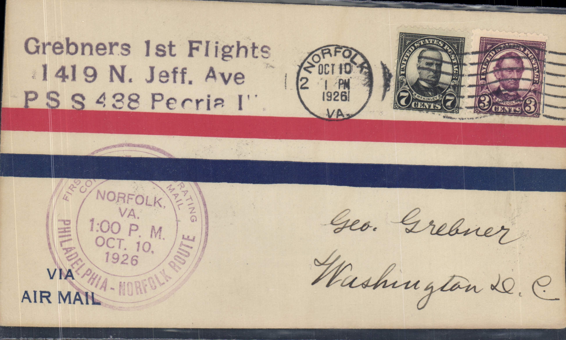Lettre Etats Unis Grebners 1st Flight Philadelphia Norfolk 10 10 1926