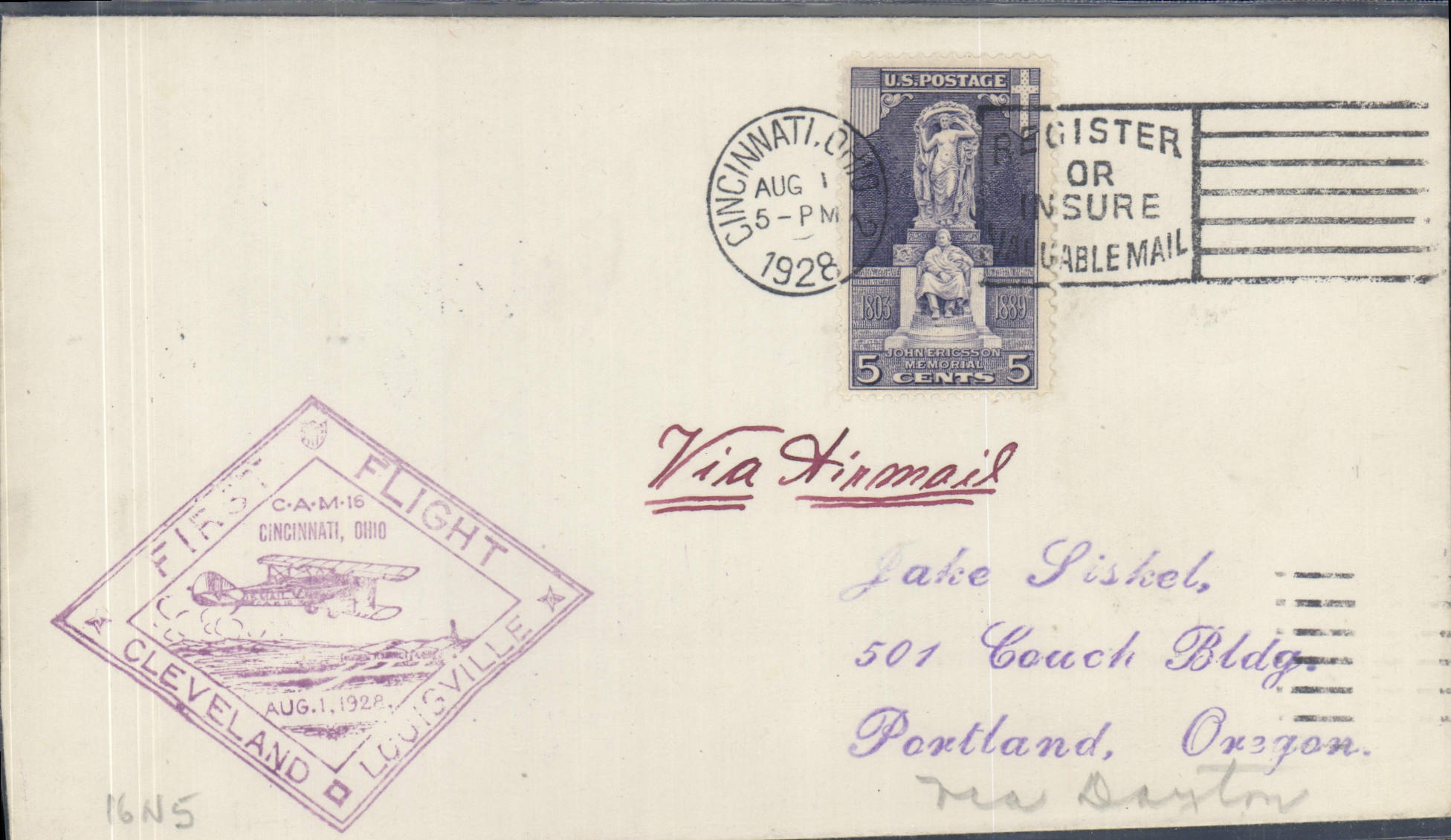 Letter the United States 1st Flight Cleveland Louisville 1 8 1928