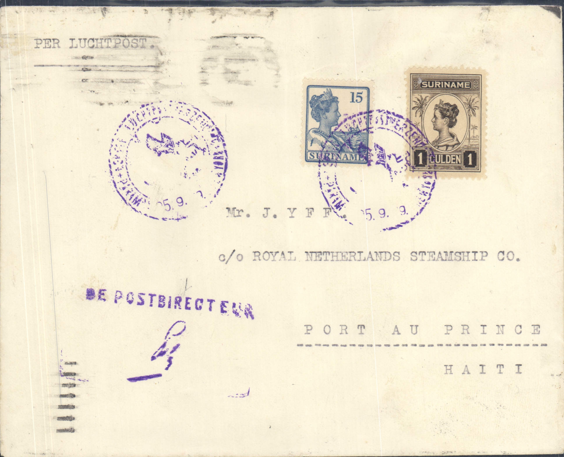 Letter Surinam to Port With the Prince 26 9 1923